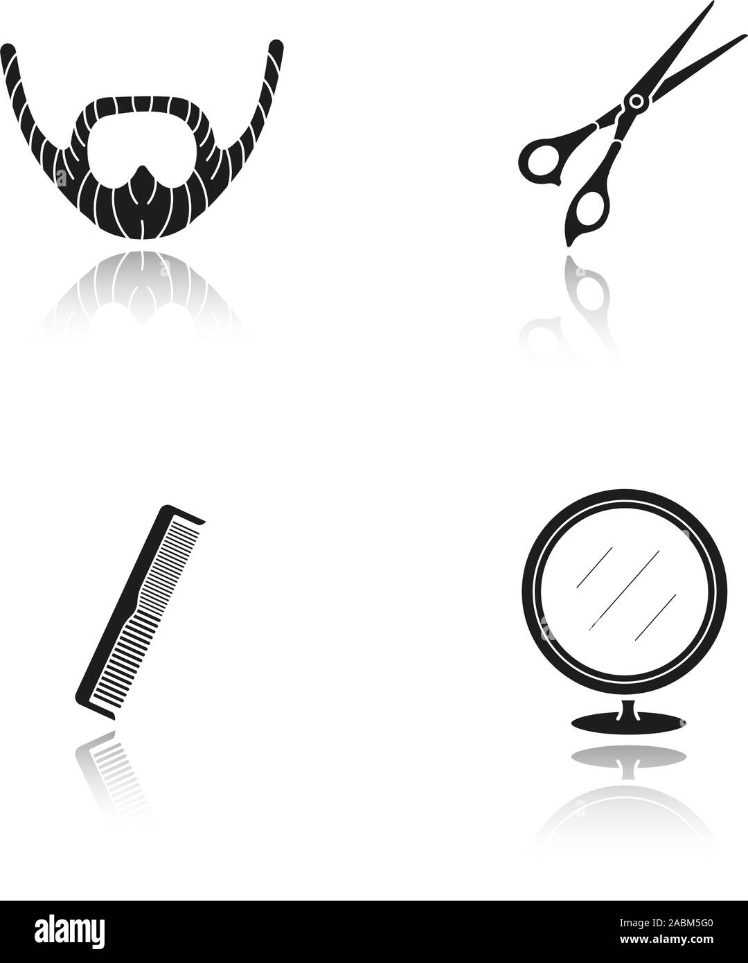 drop shadow black icons set. Beard, scissors, comb, round