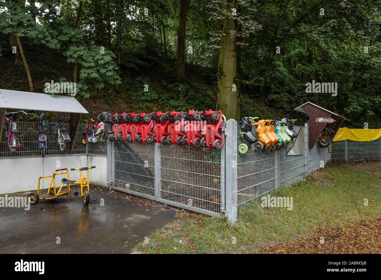 The New Fence Which Encloses The Children S House In Spervogelstrasse In Munich Serves The Children And Carers As A Storage Area For Bobby Cars And Other Toys Automated Translation Stock Photo
