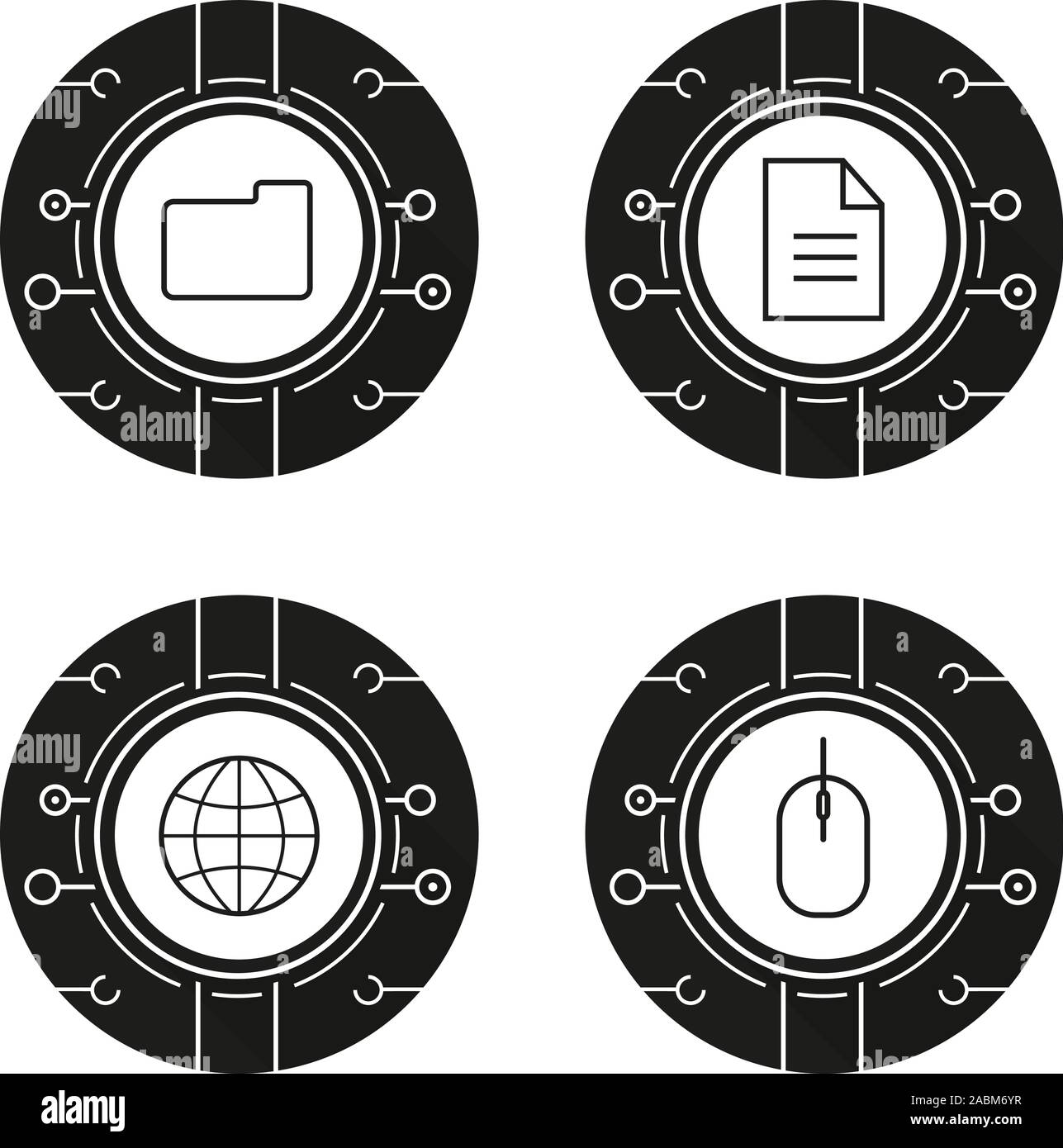 Cyber technology icons set. Cloud computing. Worldwide network, digital storage, web document, network access. Vector white silhouettes illustrations Stock Vector