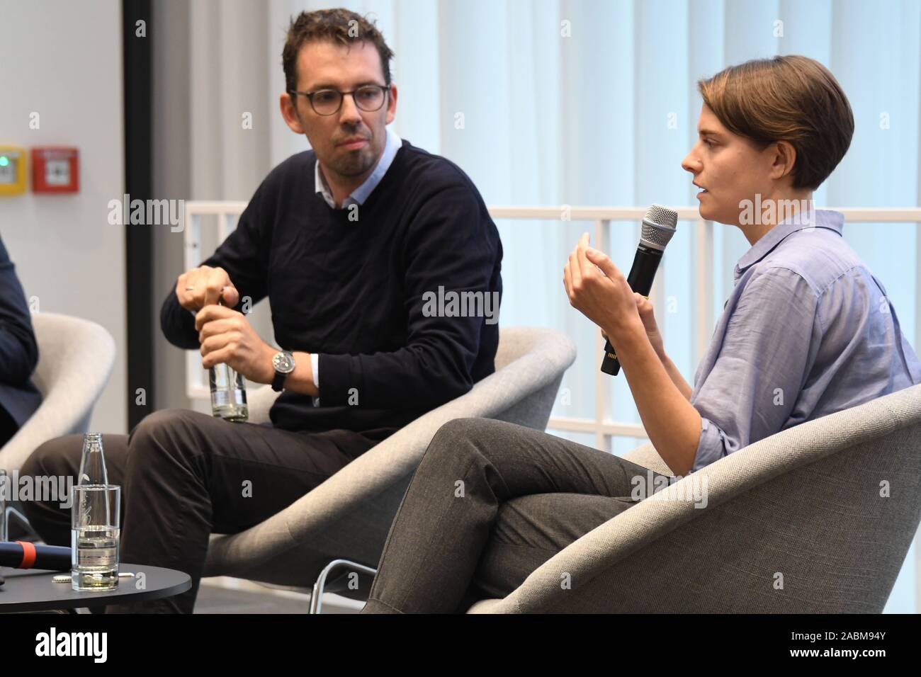 Dirk von Gehlen and Nadja Schlüter at the Night of the SZ Authors in the Siemens Auditorium on 'How Fridays for Future is Changing Politics'. [automated translation] Stock Photo