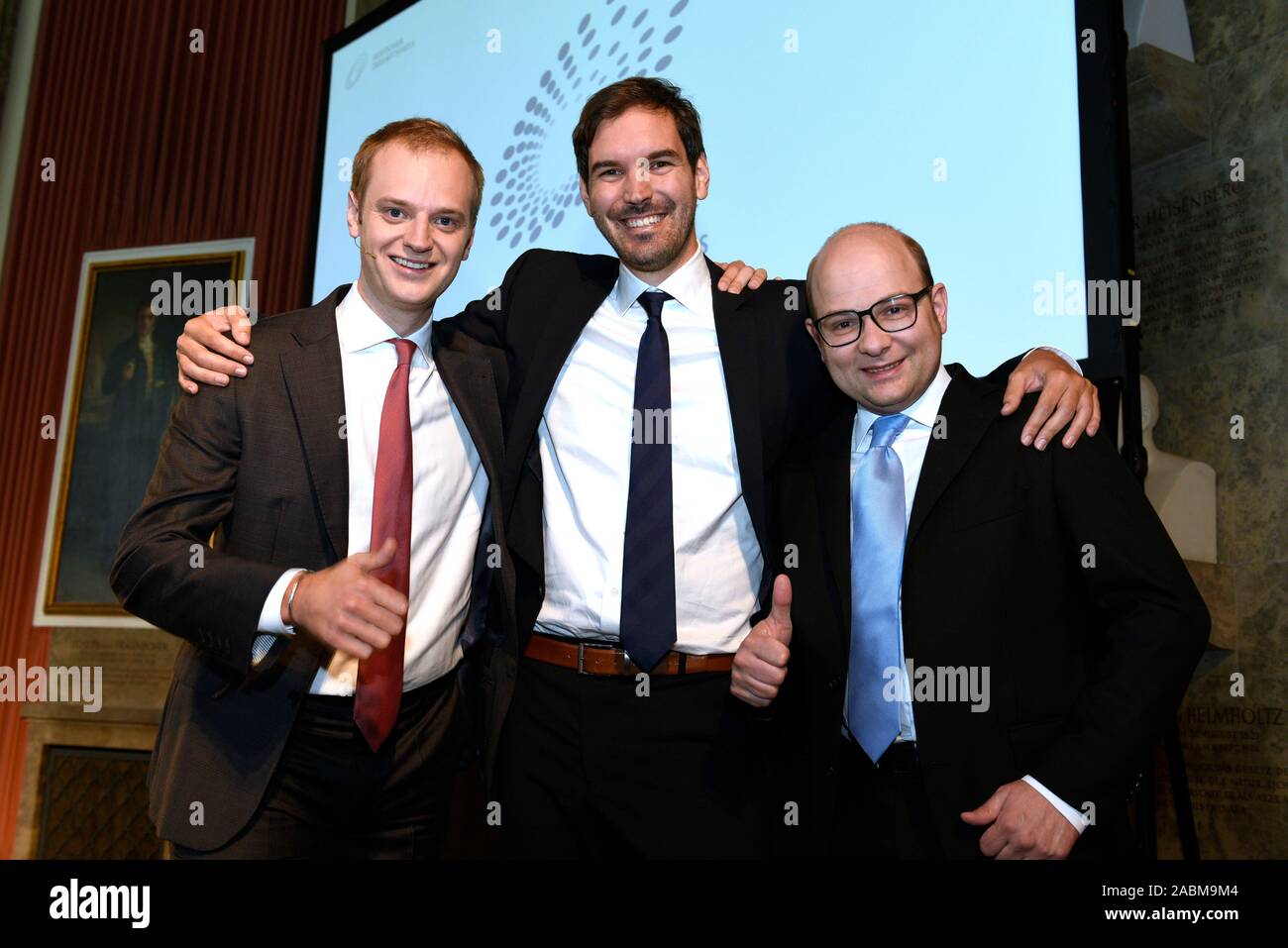 From left to right: Alexander Rinke, Martin Klenk and Bastian Nominacher from the company 'Celonis' at the announcement of the nominations for the German Future Prize in the Deutsches Museum in Munich. [automated translation] Stock Photo