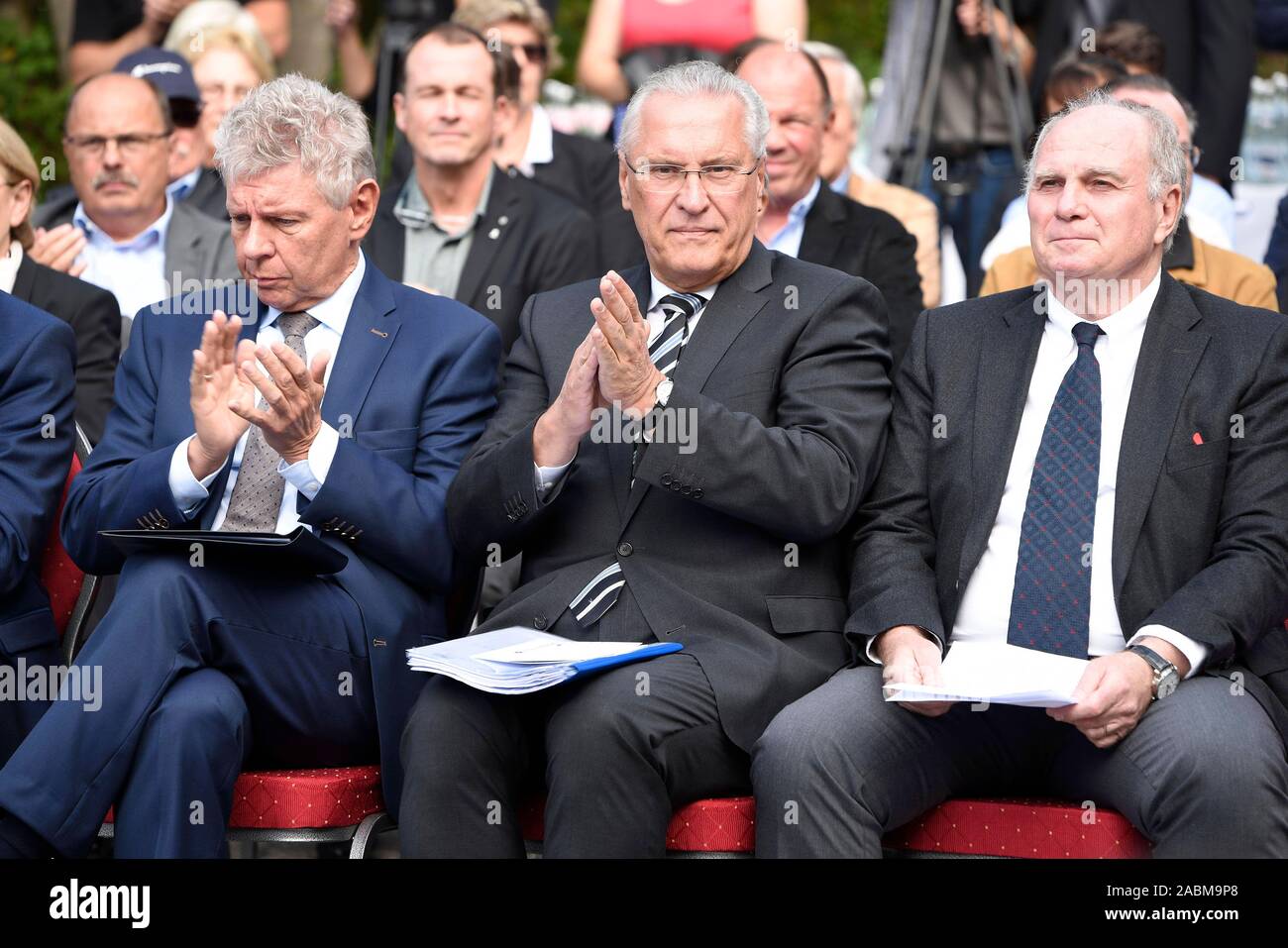 From left to right: Lord Mayor Dieter Reiter, Interior Minister Joachim Herrmann and Uli Hoeneß, Chairman of the Board of Trustees of the Dominik Brunner Foundation at a commemoration ceremony at Solln S-Bahn station on the 10th anniversary of the death of Dominik Brunner, who stood in front of four threatened children in 2012 and was subsequently beaten to death by two young men. [automated translation] Stock Photo