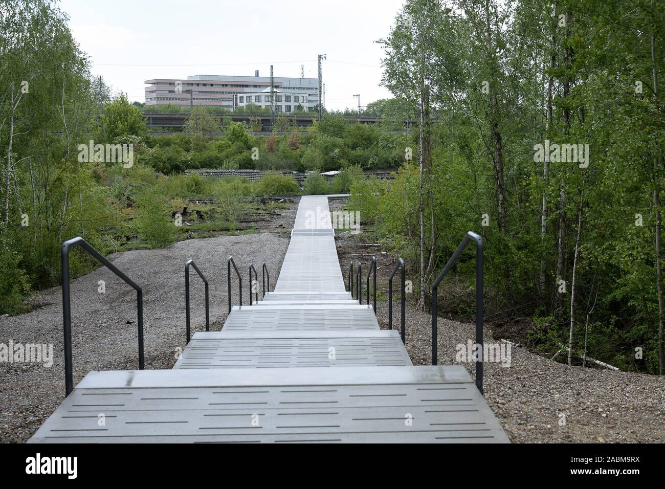 Footbridges in the Baumkirchen Mitte Landscape Park in Munich. [automated translation] Stock Photo