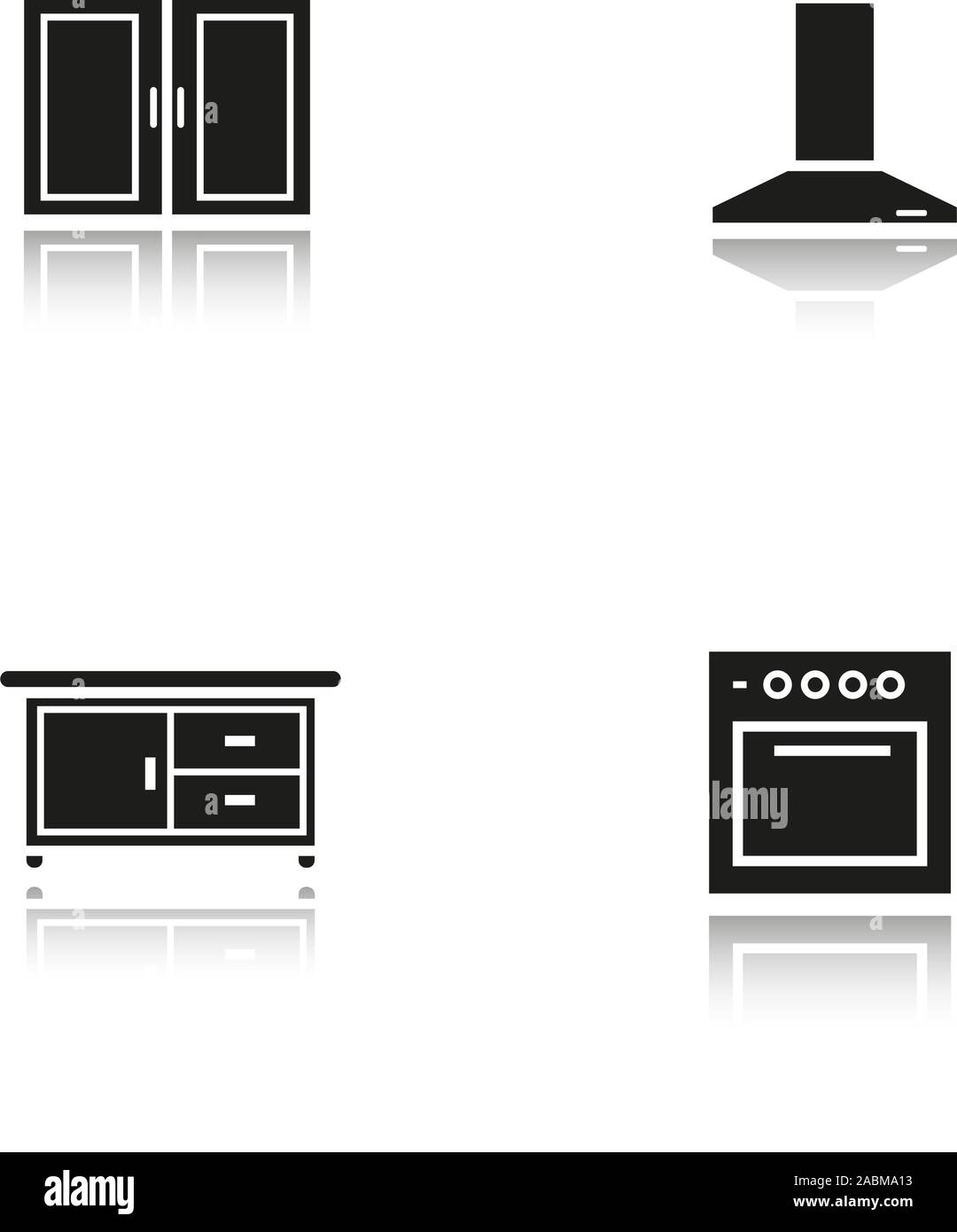 Kitchen interior drop shadow black icons set. Range hood, stove, kitchen counter and cabinet. Isolated vector illustrations Stock Vector