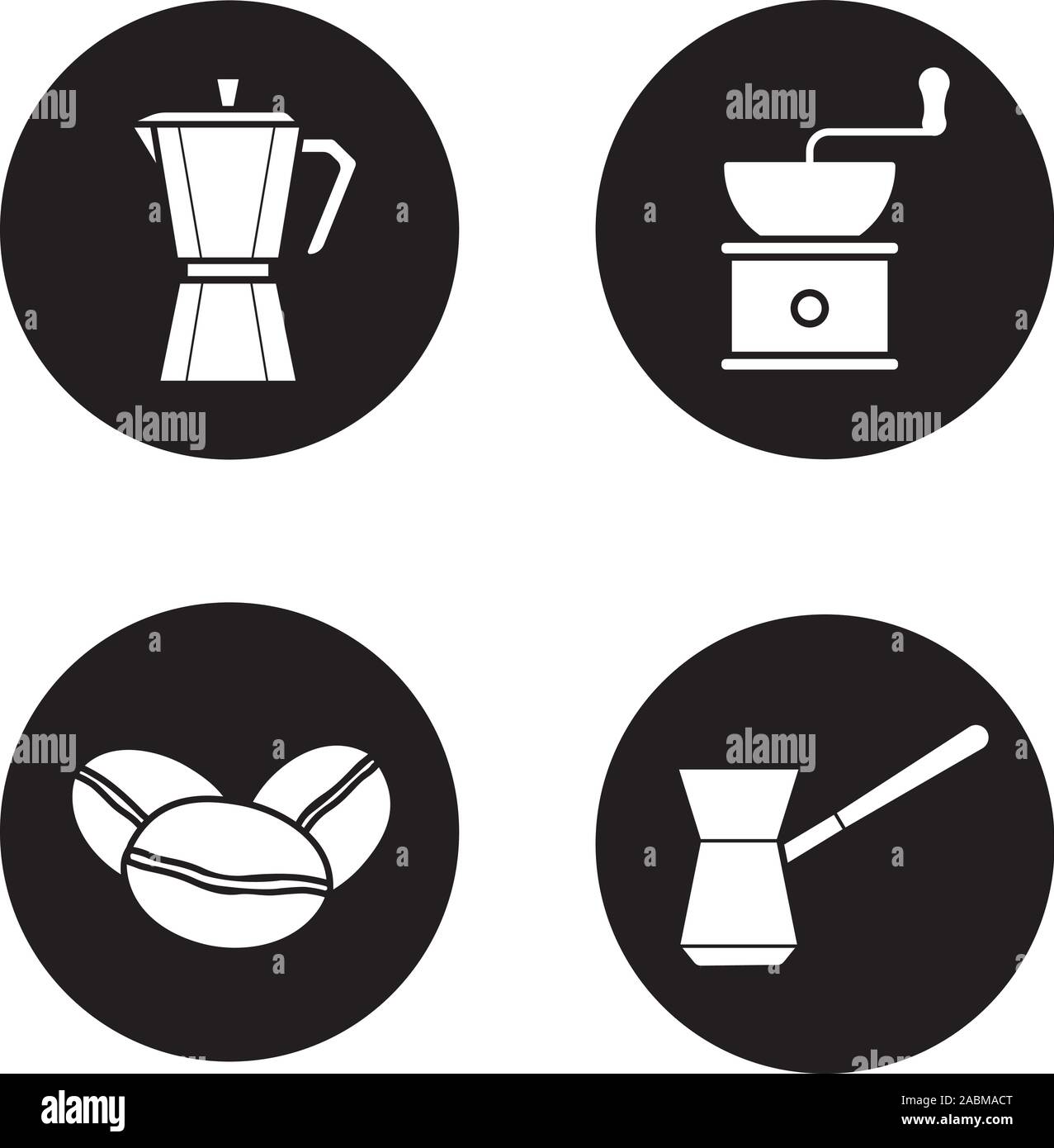 Coffee brewing icons set. Moka pot, classic coffee maker, turkish cezve, grinder and beans. Vector white illustrations in black circles Stock Vector