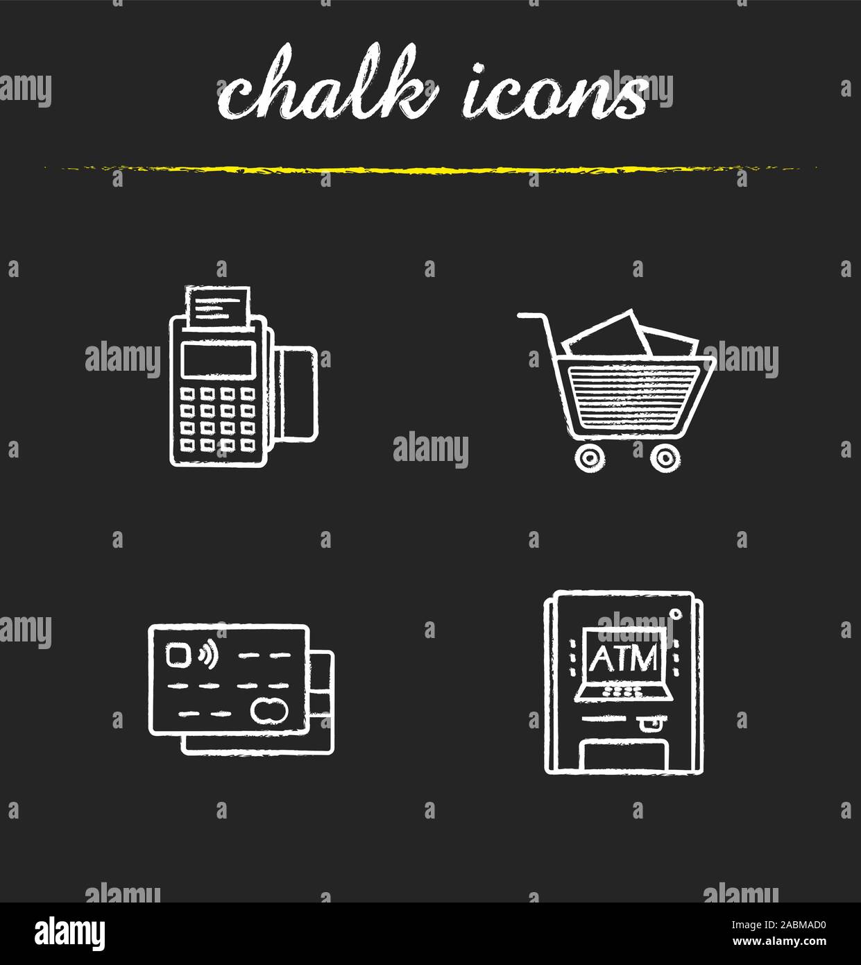 Supermarket chalk icons set. Pos terminal, atm machine, credit cards