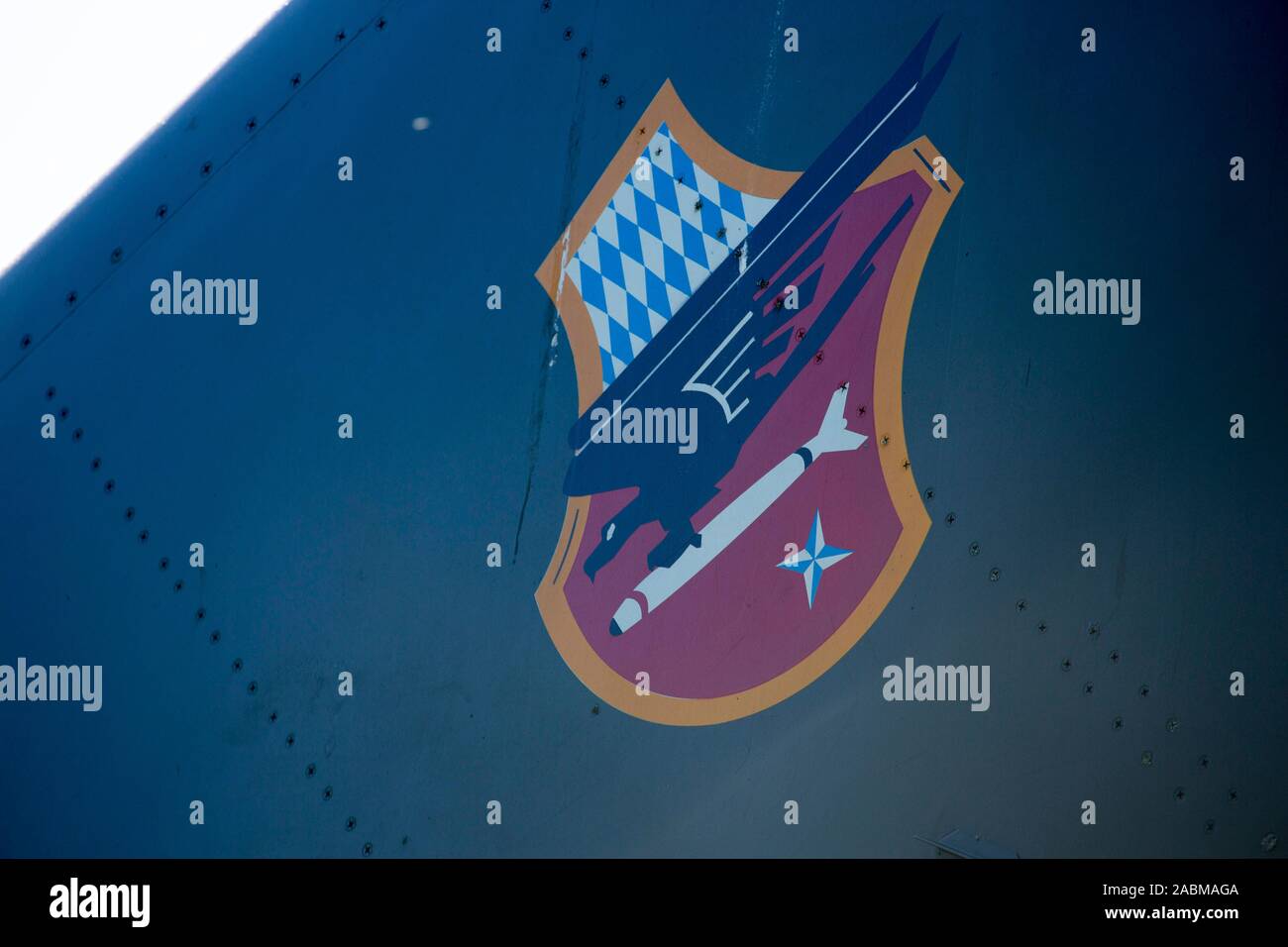 Badge of the fighter bomber squadron 32 of the Luftwaffe on a Tornado fighter plane in the air base Fürstenfeldbruck at the final roll call of the officer training course. The combat unit was dissolved on 31.03.2019. [automated translation] Stock Photo