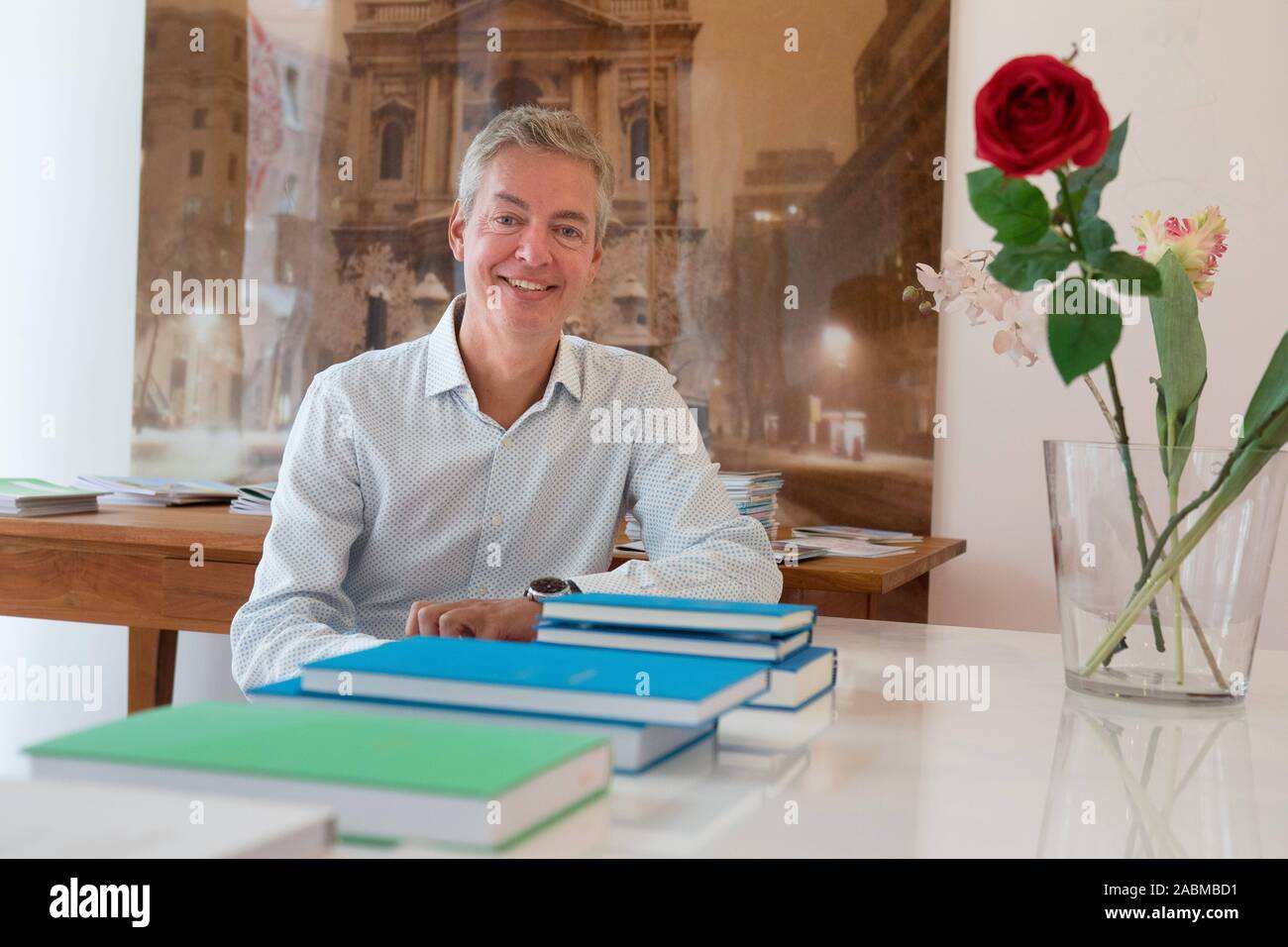 Jan-Christoph Götze, founder of the PersonalNovel publishing house, which offers its customers personalized books in which they themselves or persons named by them appear as protagonists. The picture shows the publisher in his business premises in Barer Straße. [automated translation] Stock Photo