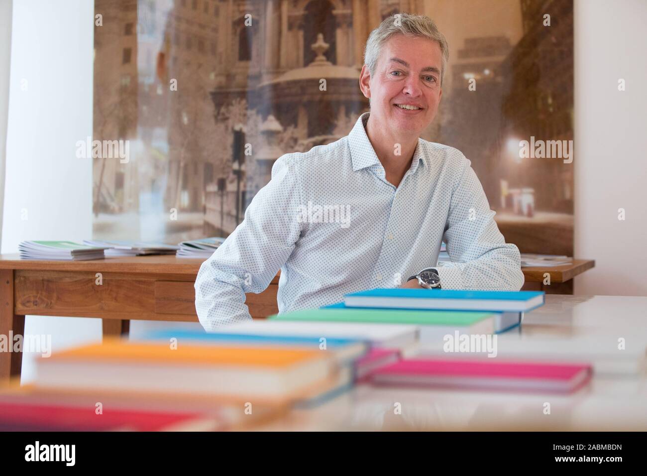 Jan-Christoph Götze, founder of the PersonalNovel publishing house, which offers its customers personalized books in which they themselves or persons named by them appear as protagonists. The picture shows the publisher in his business premises in Barer Straße. [automated translation] Stock Photo