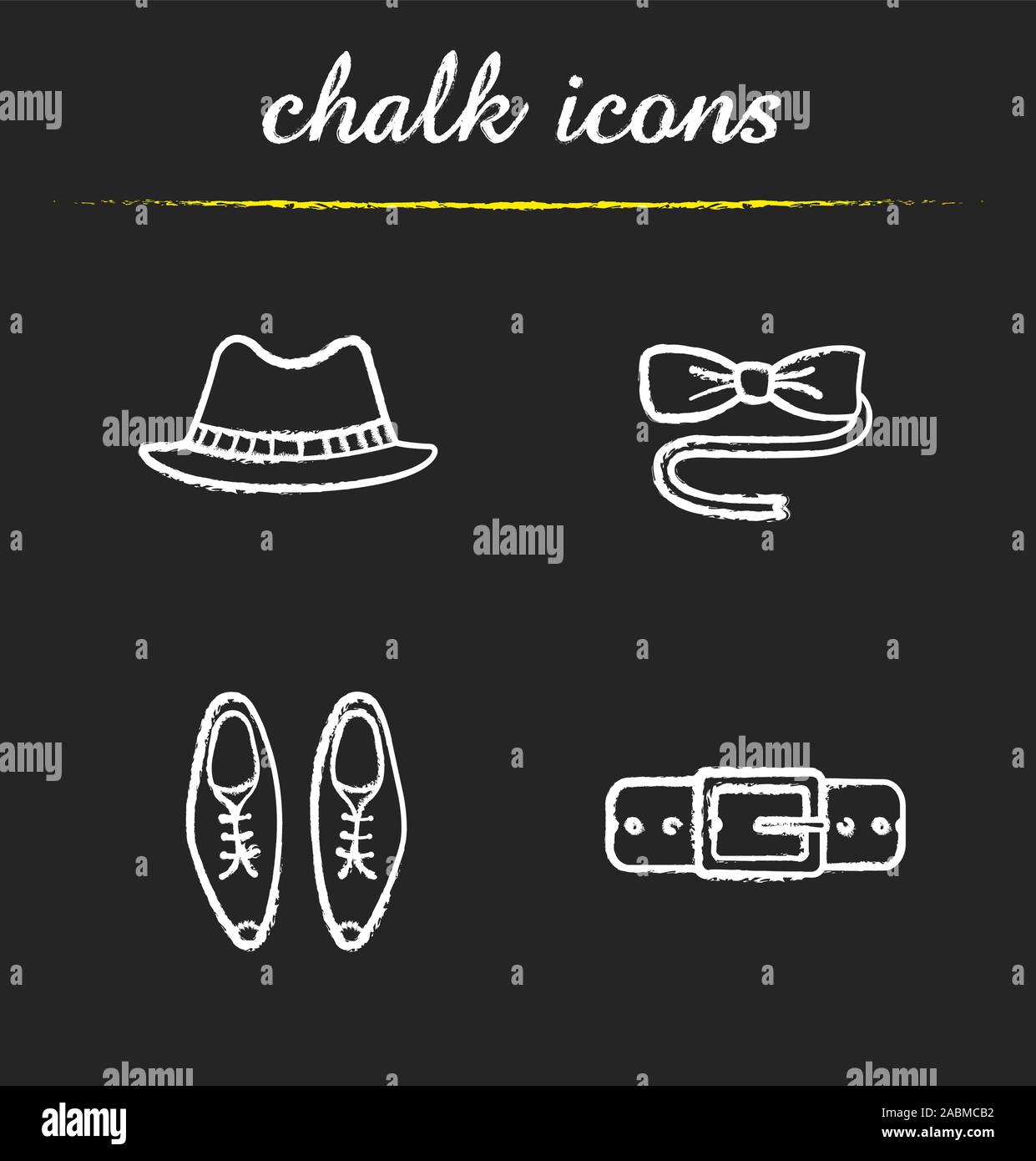 Men's accessories chalk icons set. Homburg hat, butterfly tie, classic shoes, leather belt. Isolated vector chalkboard illustrations Stock Vector