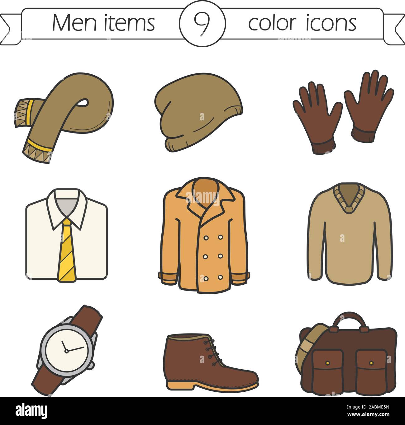 Men's accessories and clothes color icons set. Scarf, cap, gloves, shirt and tie, jacket, pullover, wristwatch, boot, bag. Autumn fashion. Isolated ve Stock Vector