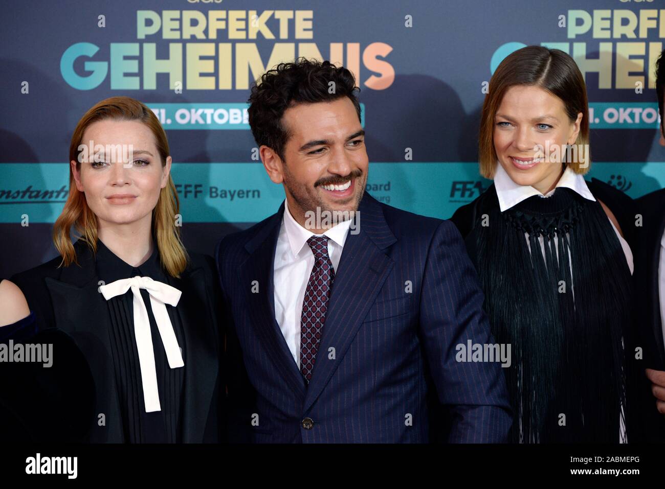 From left to right: The actors Karoline Herfurth, Elias M´Barek and Jessica Schwarz at the premiere of the movie 'Das perfekte Geheimnis' at the Mathäser Kino in Munich. [automated translation] Stock Photo