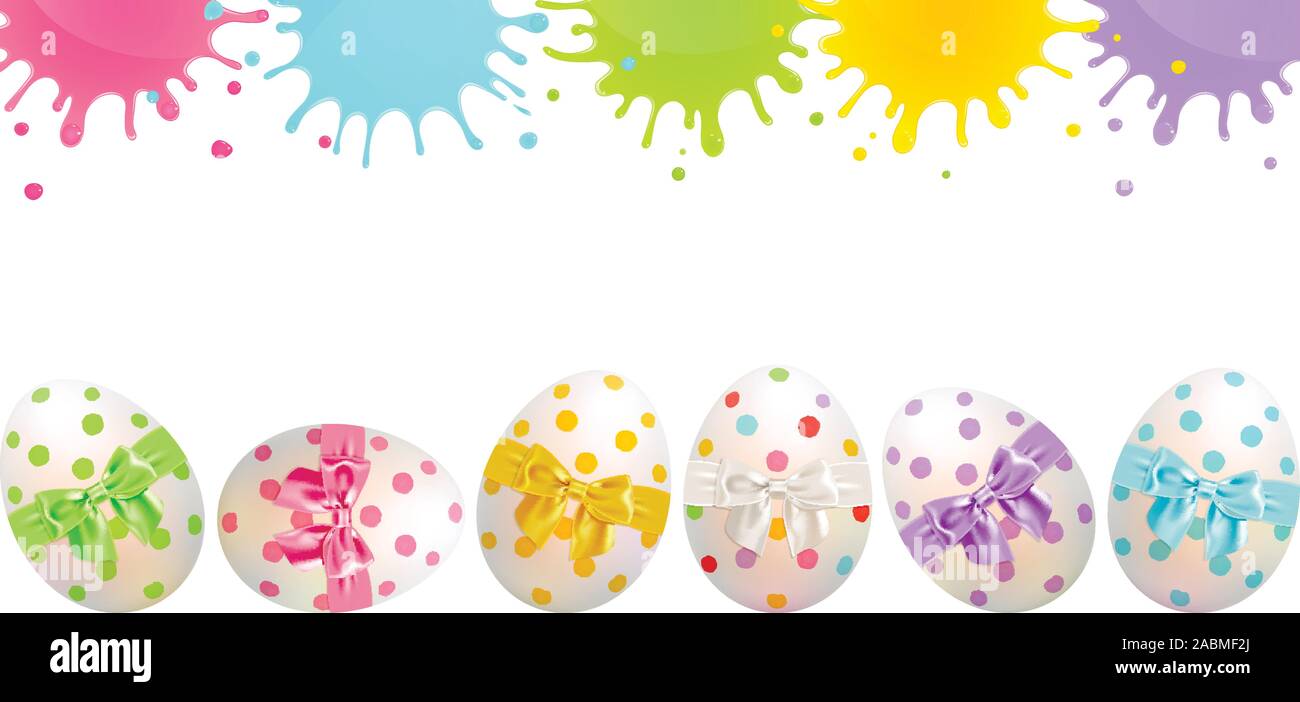congratulatory Easter banner with painted Easter eggs and splashes of paint on a white background Stock Vector