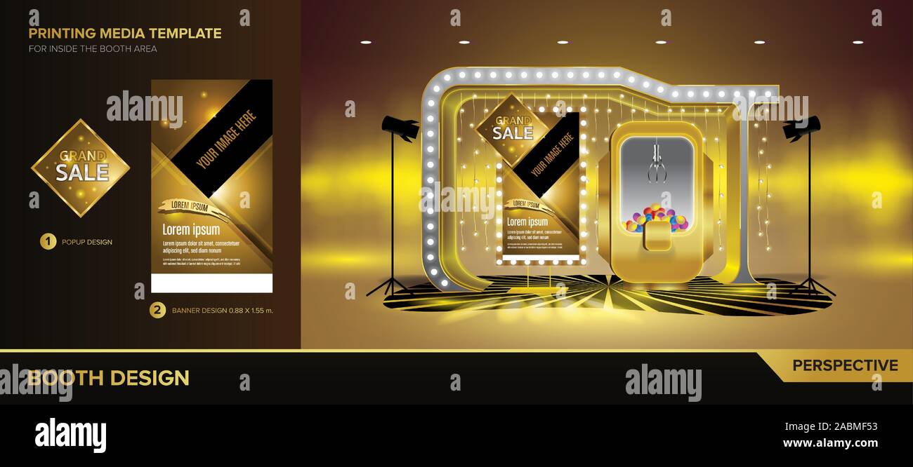 A design pack of booth in gold color, decorated with light bulbs, LED lines, game, poster. Stock Vector