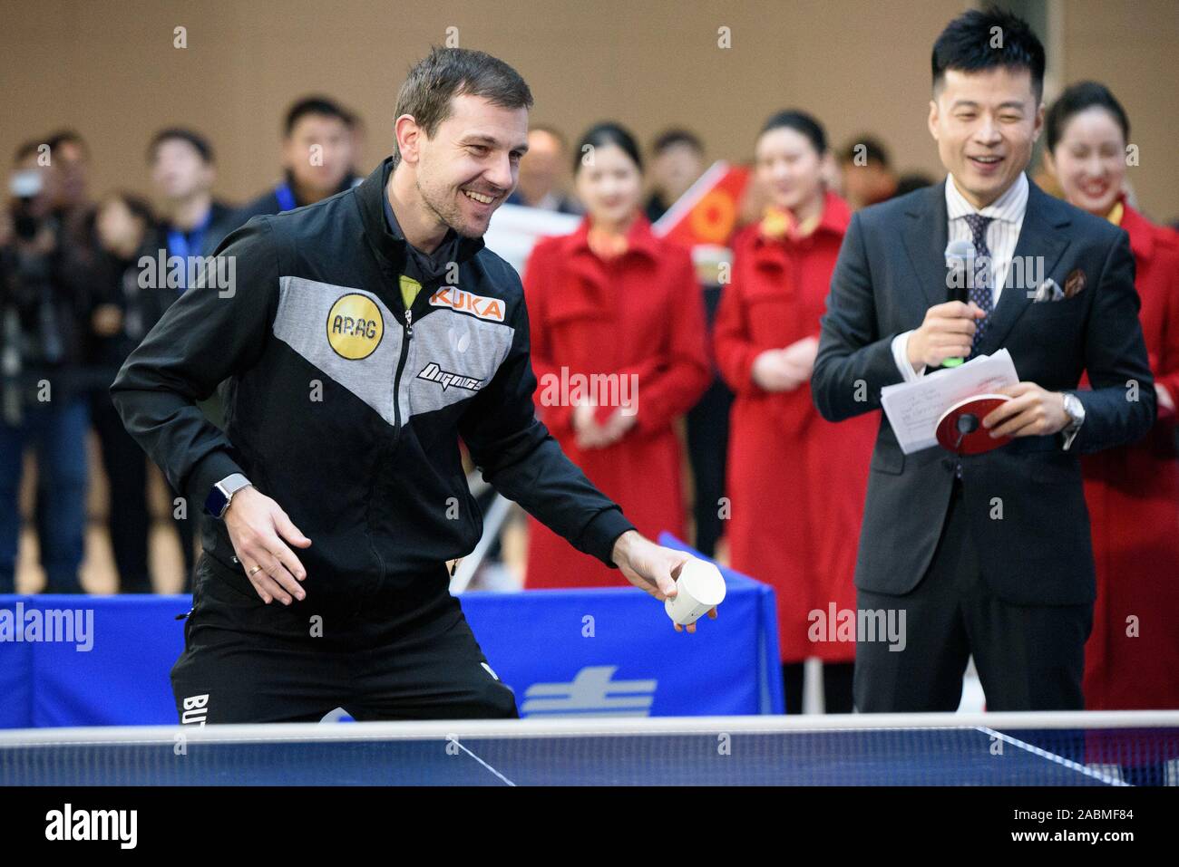 Chengdu, Chengdu, China. 28th Nov, 2019. Chengdu, CHINA-Chinese table tennis players Ma long, Fan Zhendong and German table tennis player Timo Boll attended the 2019 Men's Table Tennis World Cup fans' meeting in Chengdu, Sichuan province, Nov. 28, 2019. Credit: SIPA Asia/ZUMA Wire/Alamy Live News Stock Photo