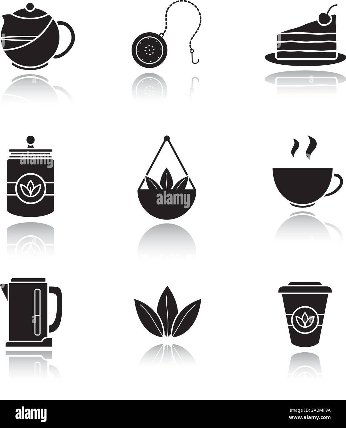 Tea drop shadow black icons set. Teapot and ball infuser, chocolate cake on plate, tea container, loose leaves in bulk, steaming cup, electric kettle, Stock Vector