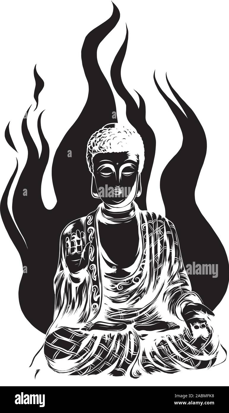 Vector religious icon of buddha statue. Golden Buddha sits and prays in the lotus position. Stock Vector