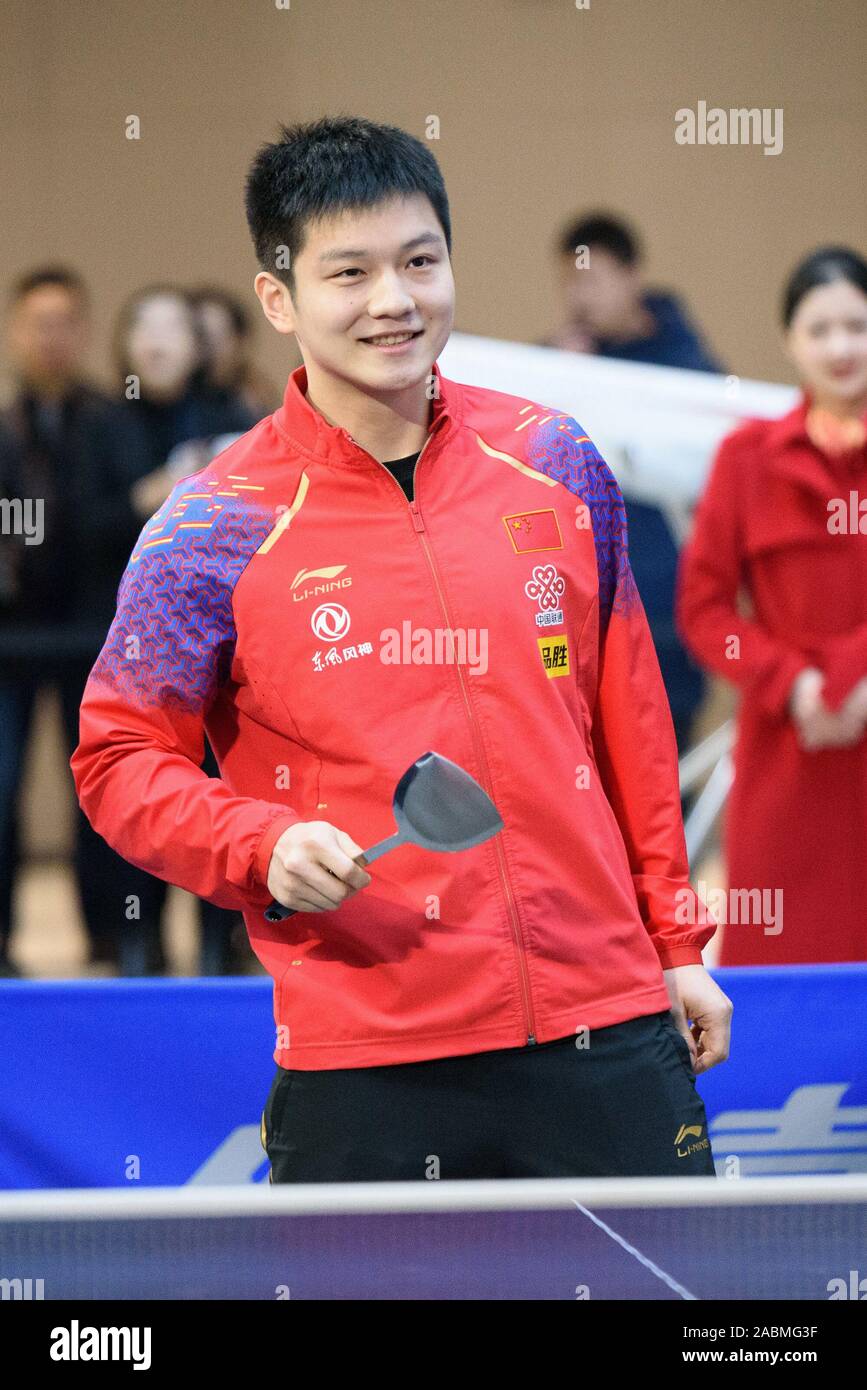 Chengdu, Chengdu, China. 28th Nov, 2019. Chengdu, CHINA-Chinese table tennis  players Ma long, Fan Zhendong and German table tennis player Timo Boll  attended the 2019 Men's Table Tennis World Cup fans' meeting