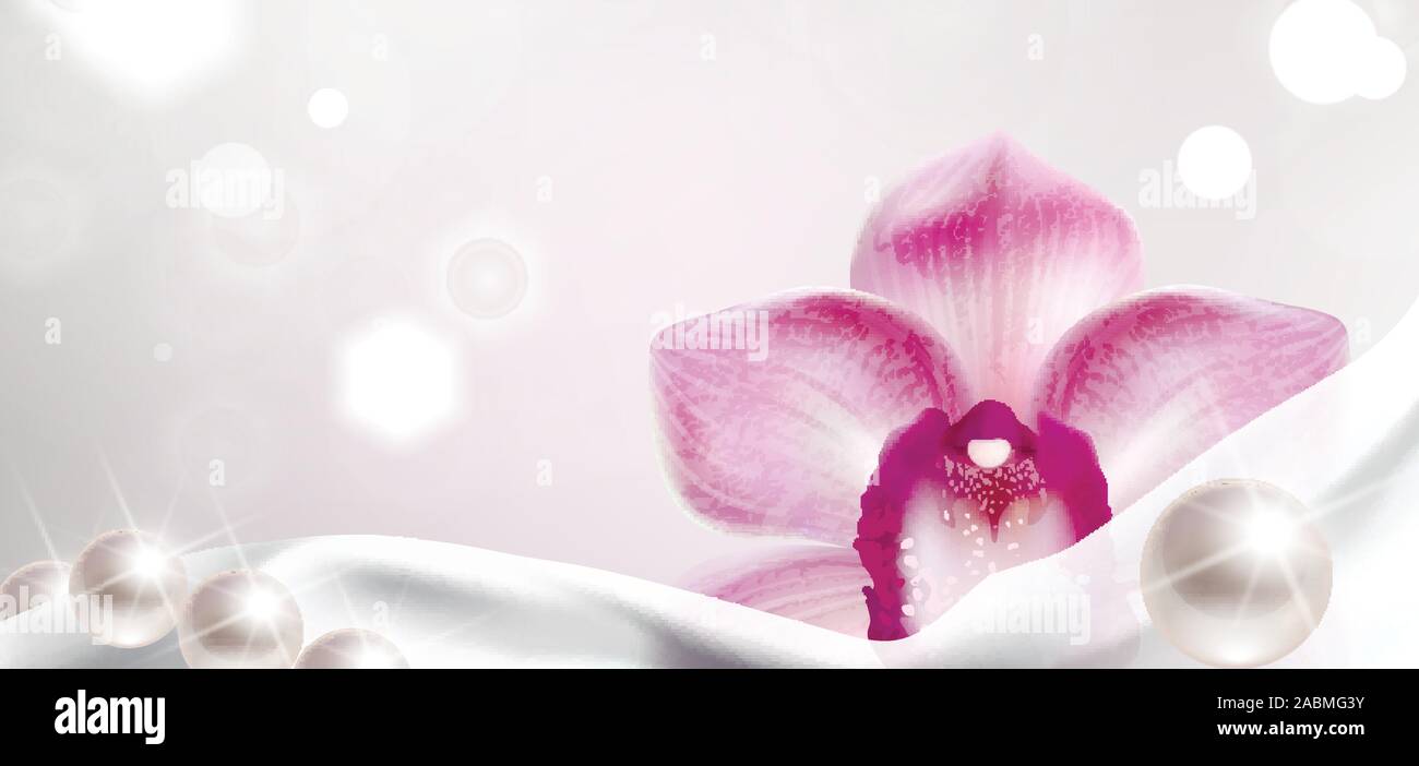 banner with purple orchid and white satin fabric and pearls Stock Vector