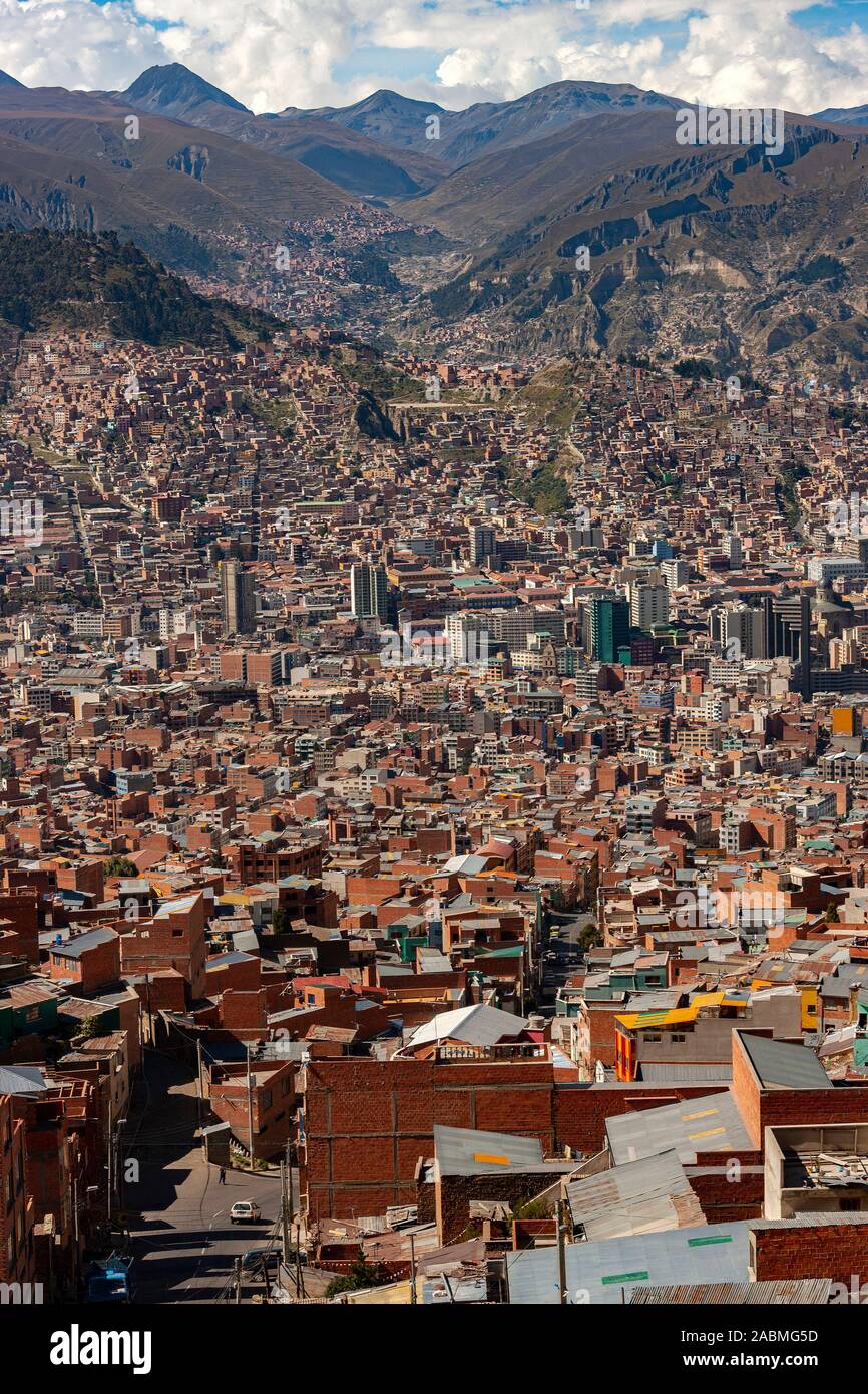 The city of La Paz in Bolivia, South America. At an elevation of roughly 3,650m (11,975ft) above sea level, La Paz is the highest capital city in the Stock Photo