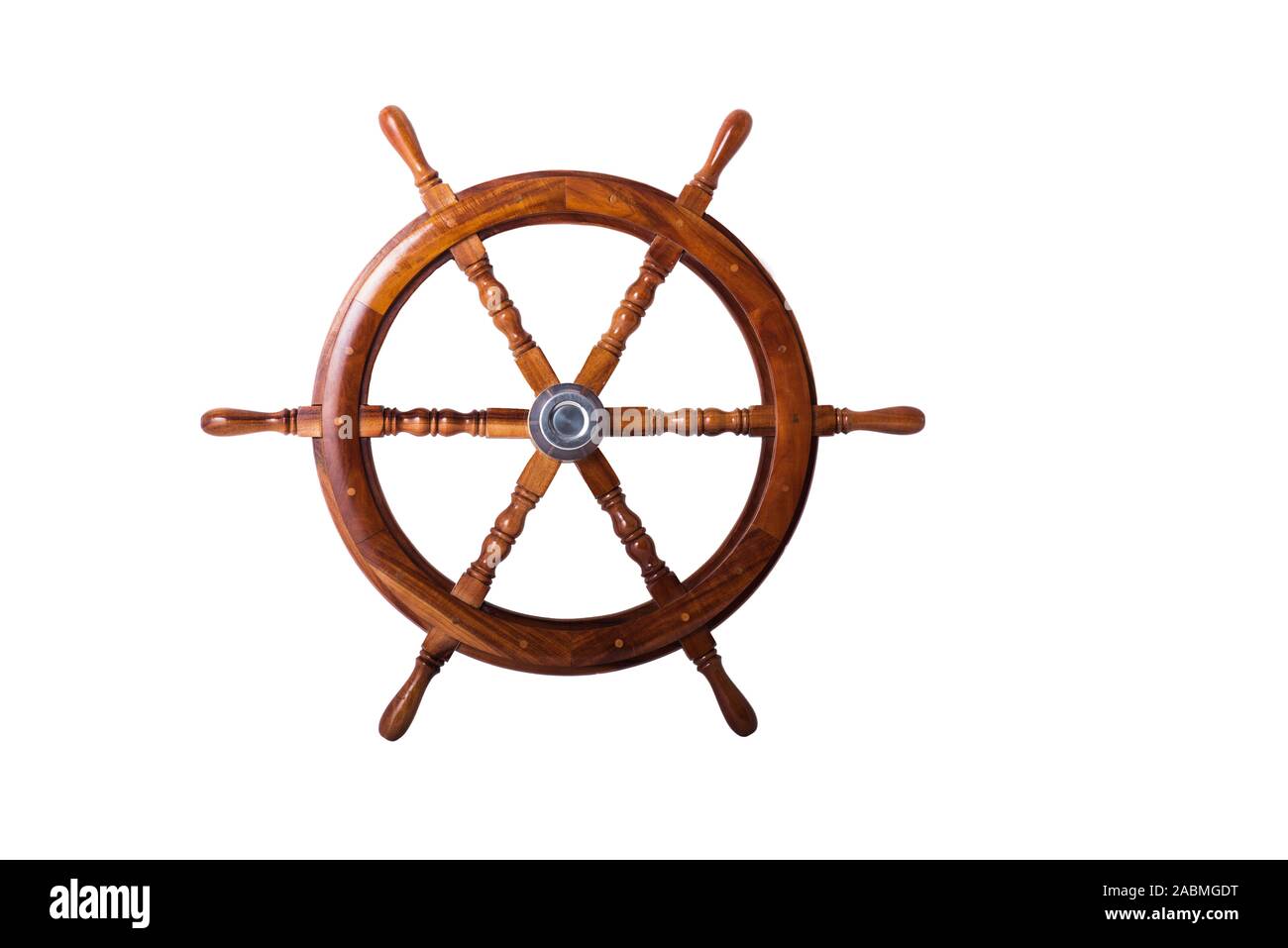 Old ship vintage, wooden steering wheel isolated on white background Stock Photo