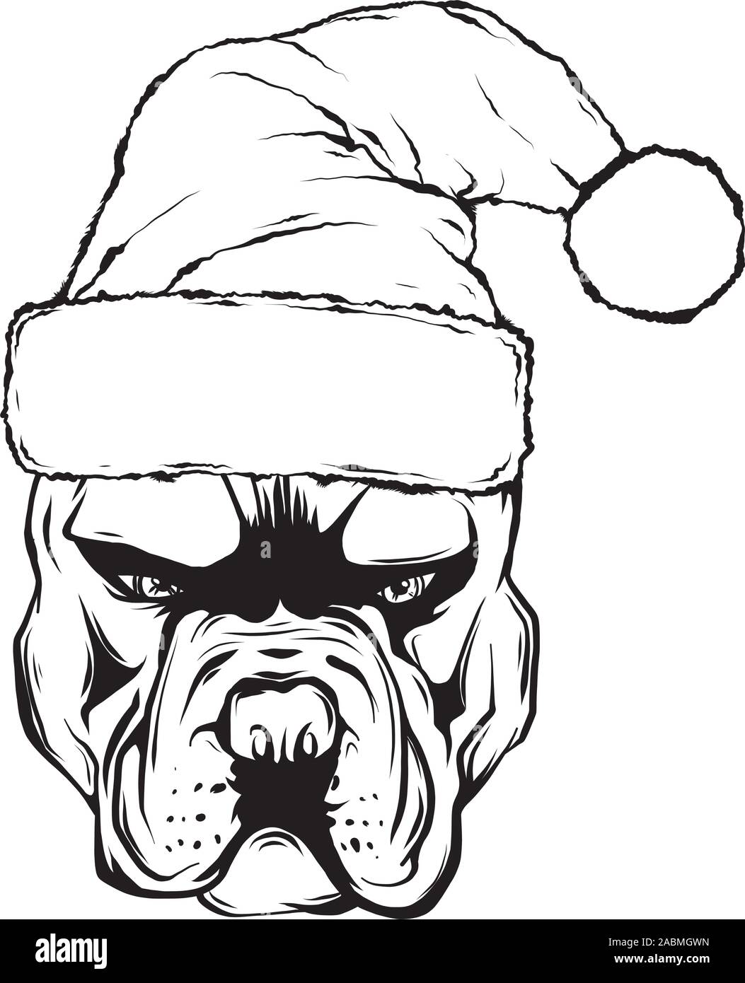Hand drawn dog. American Bulldog in a red Santa Claus hat vector Stock Vector