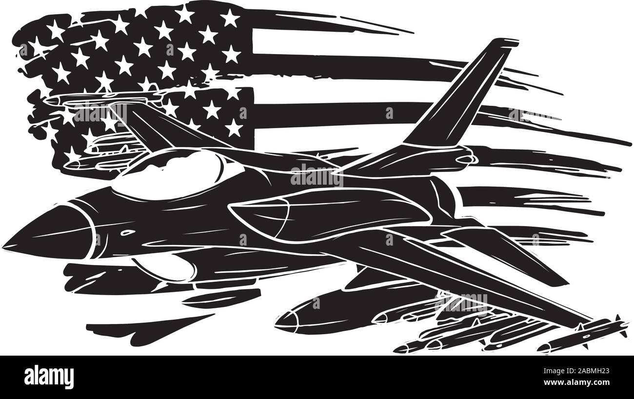 Military plane fired a missile. Fighter jet vector illustration. Stock Vector