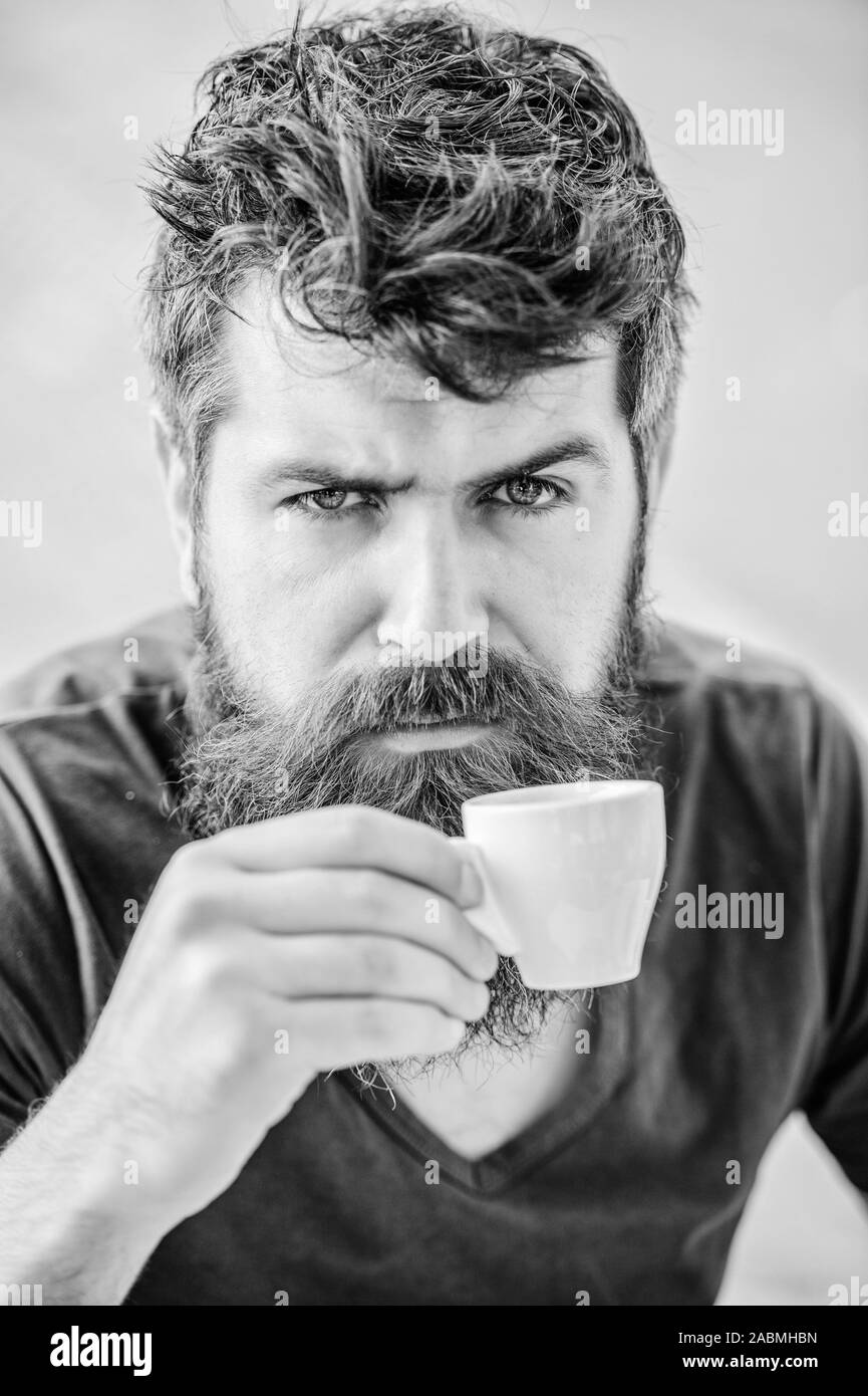 Espresso arabica only. Coffee break concept. Guy relaxing espresso