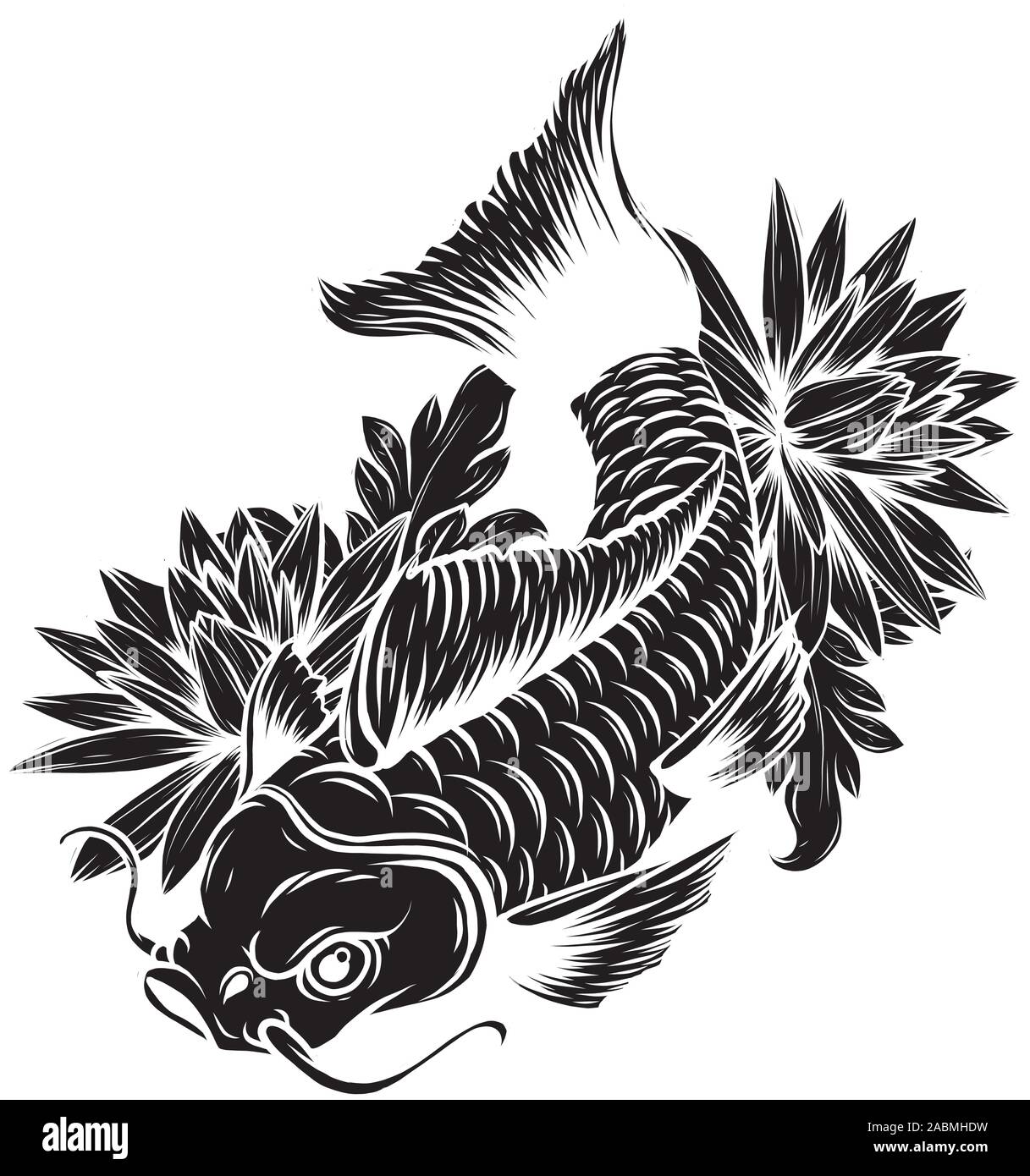 hand drawn outline koi fish ,gold Japanese carp with lotus flowers line drawing coloring book vector Stock Vector