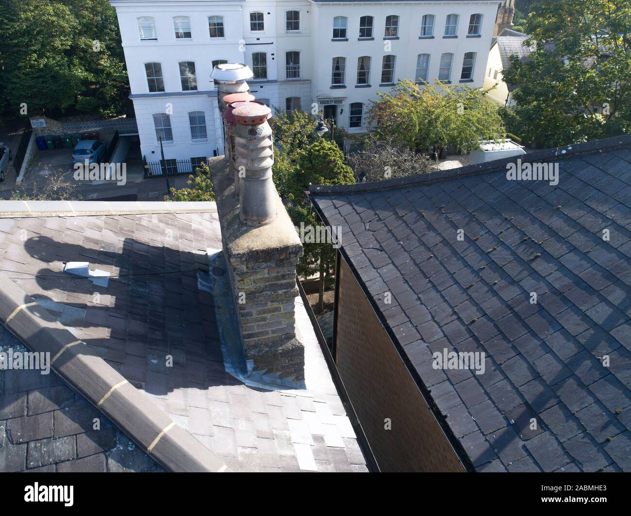 drone images of a slate roof survey Stock Photo
