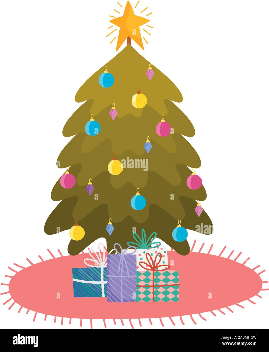 merry christmas decorative tree gifts star balls on carpet vector ...