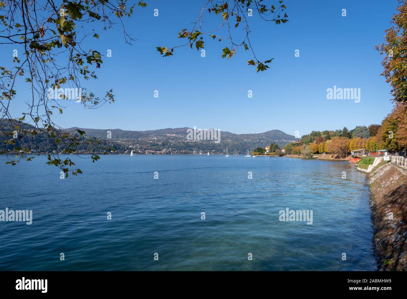 Lake Maggiore seen from Ispra, Province of Varese, Lombardy region, Northern Italy Stock Photo