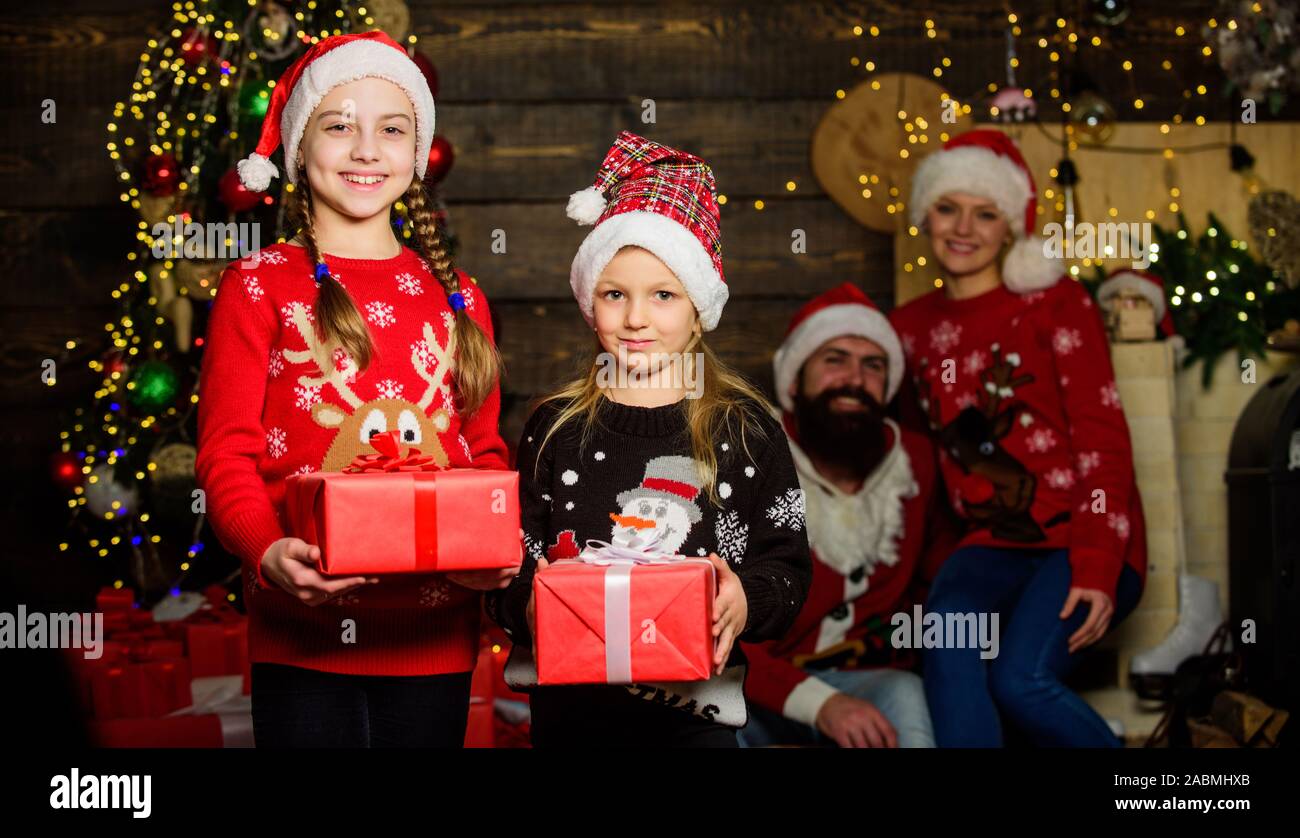 Festive mood. Adorable family enjoy christmas celebration. Family tradition. Family holiday 
