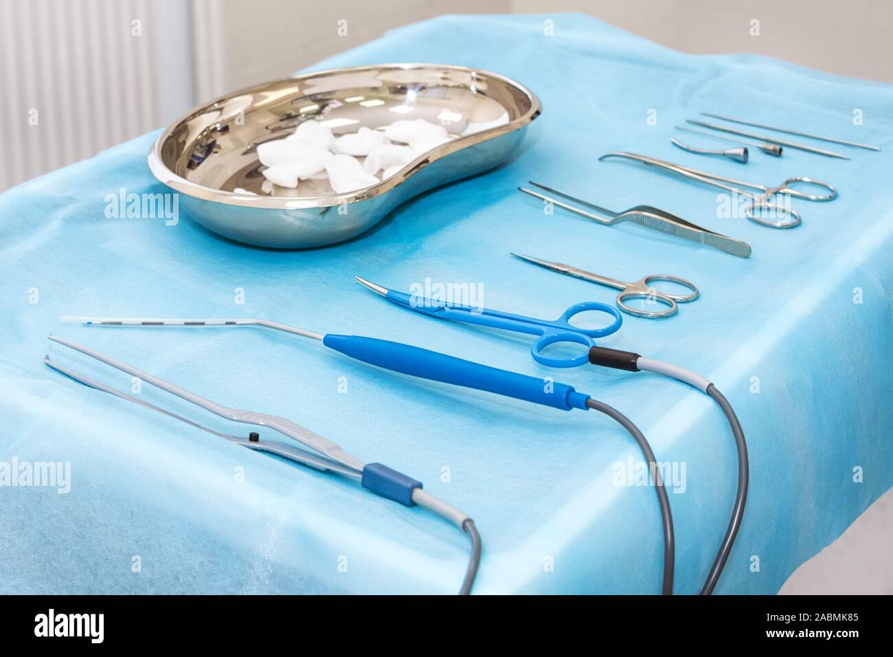Medical instruments closeup on a sterile diaper. Surgical tools kit for