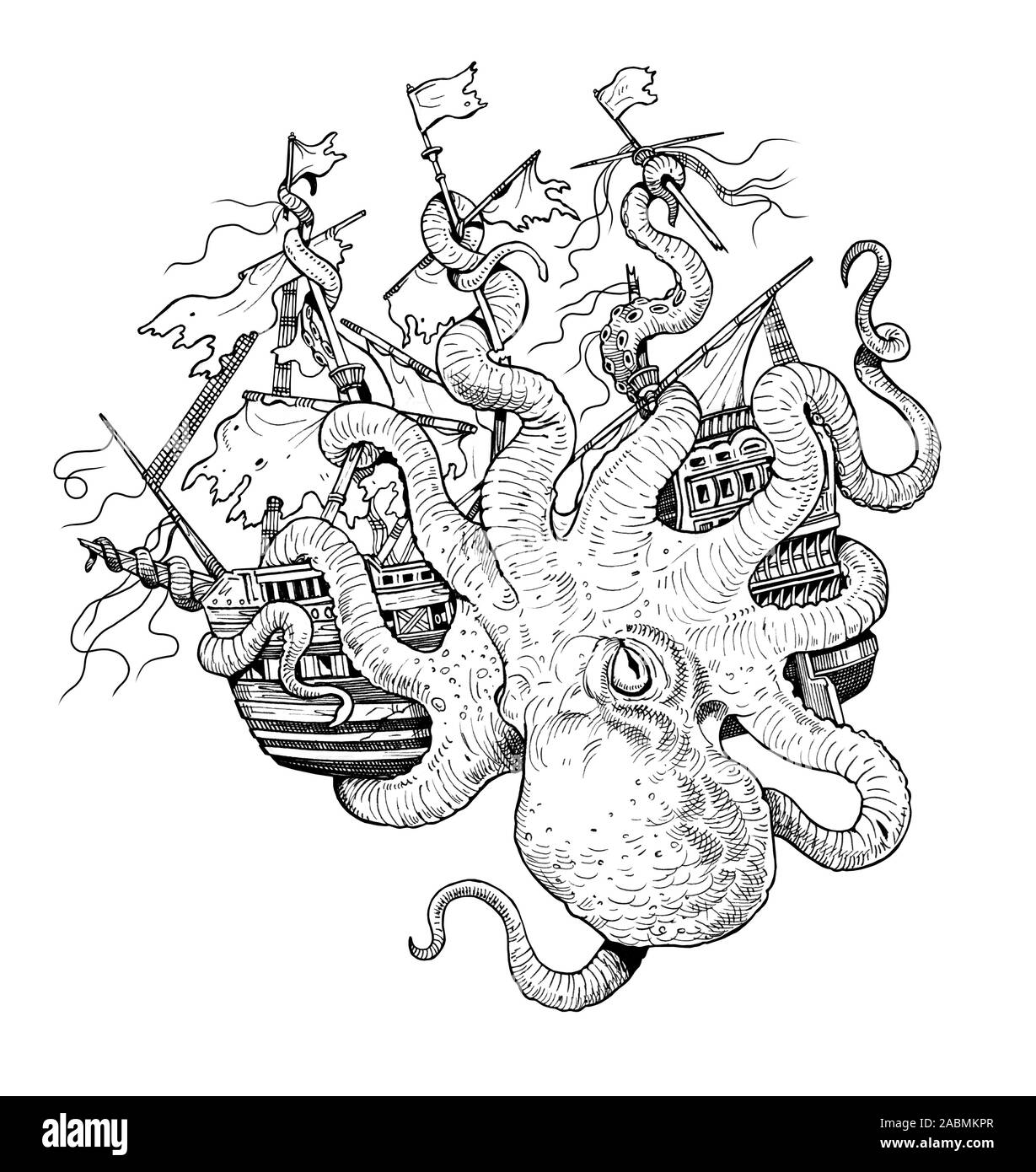 Giant octopus attacks ship. Gigantic mollusk against pirates. Fantasy drawing. Stock Photo