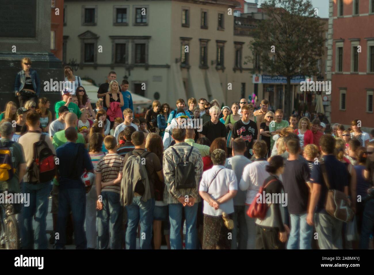 Large group of spectators admiring street dancers on Old Town, Warsaw, Poland Stock Photo