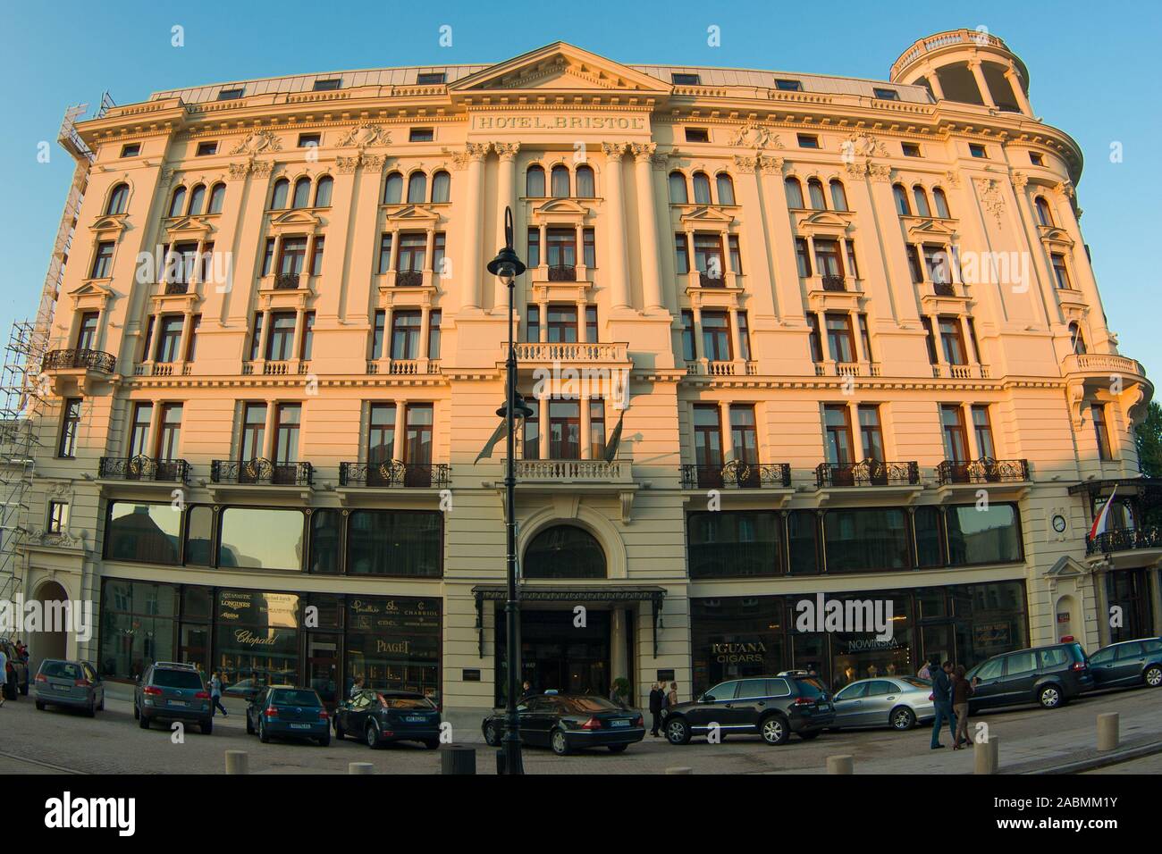 Five star Bristol Hotel building in the light of the setting sun, Warsaw, Poland Stock Photo