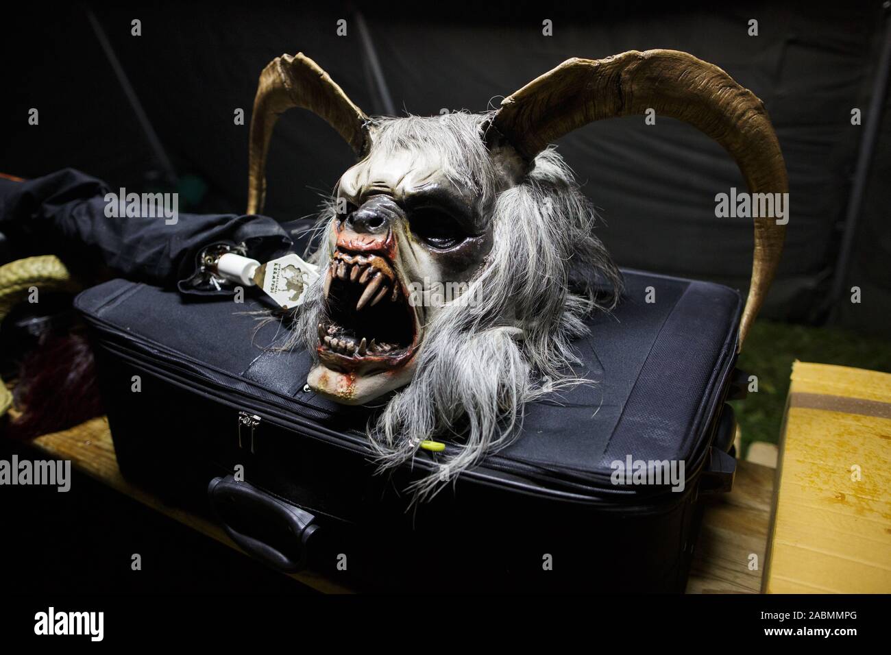 Goričane, Slovenia, November 21, 2015: A Krampus mask is seen in a dressing  tent of the annual Krampus Night event in Goričane, Slovenia, where over  500 Krampusse from five countries gather for