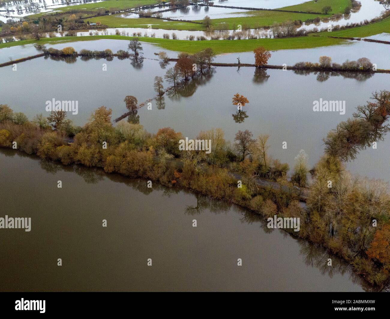 The river Severn has flooded fields near lower Apperley in