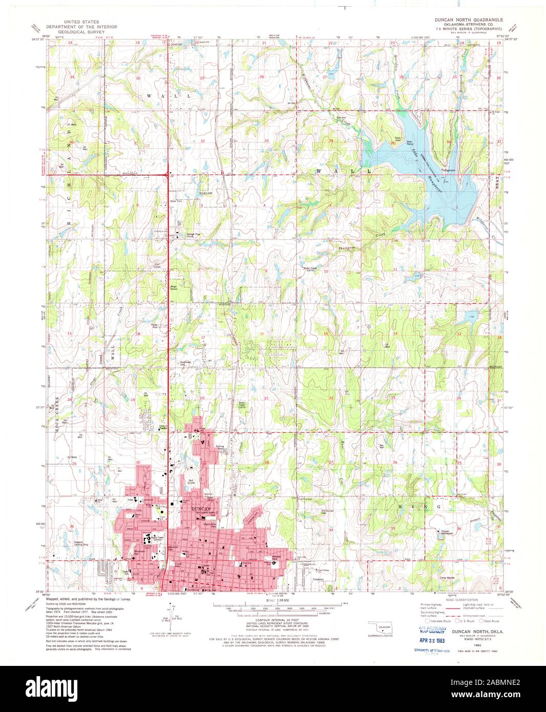 USGS TOPO Map Oklahoma OK Duncan North 705765 1982 24000 Restoration Stock Photo