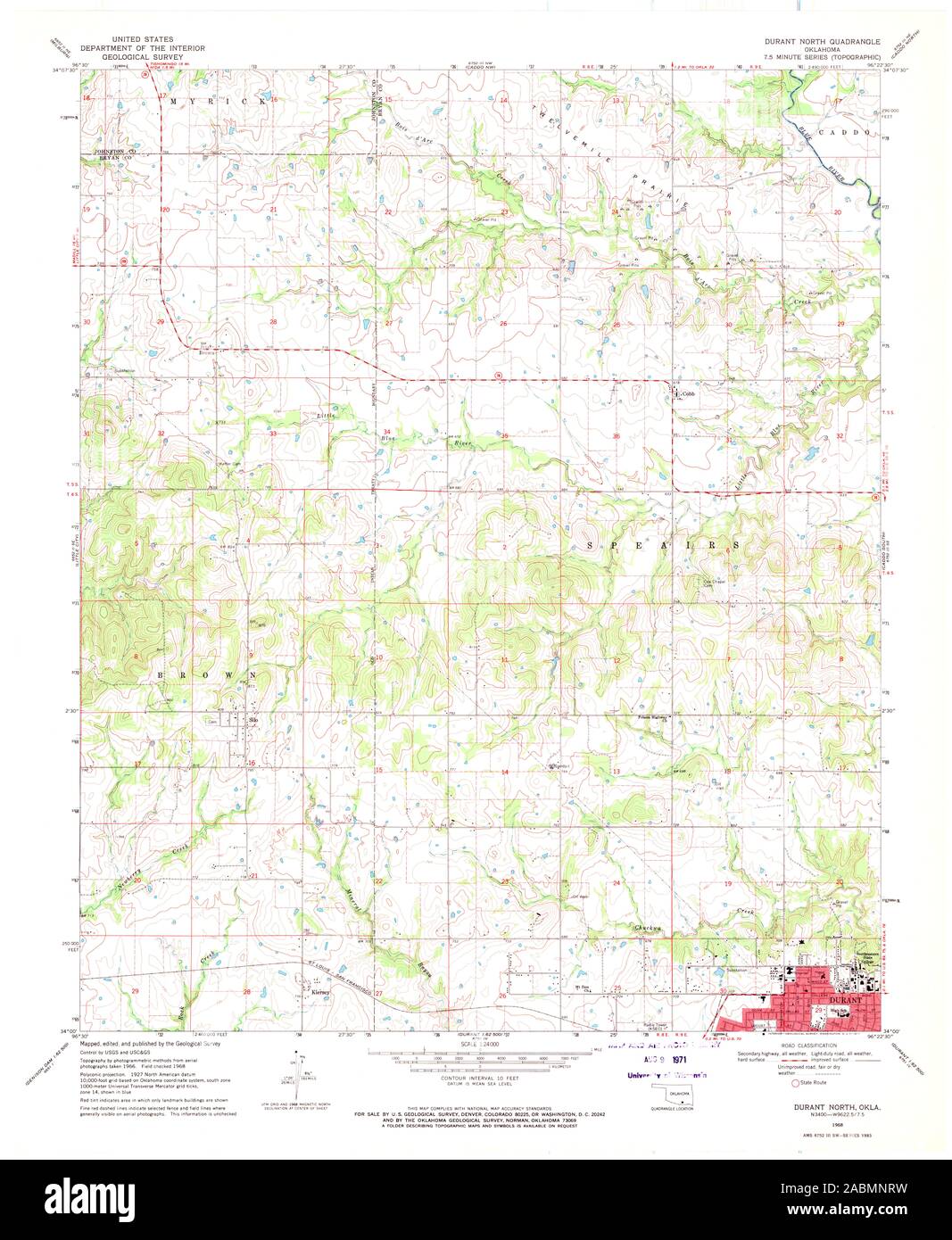 USGS TOPO Map Oklahoma OK Durant North 705770 1968 24000 Restoration Stock Photo