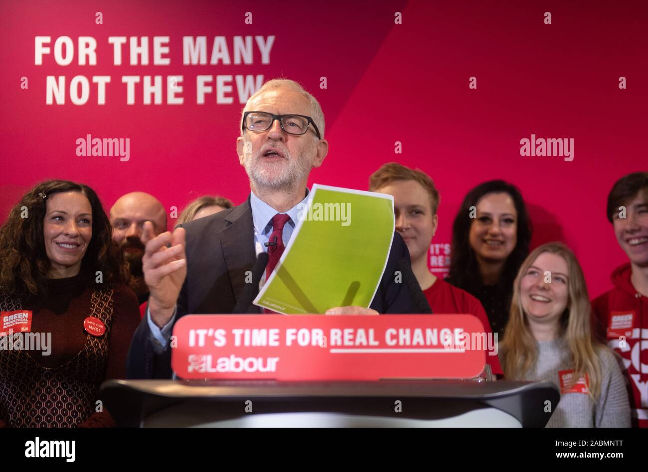 Labour Party leader Jeremy Corbyn surrounded by young climate change activists as he makes a speech setting out the party's environment policies at Southampton Football Club in Hampshire, while on the General Election campaign trail. Stock Photo