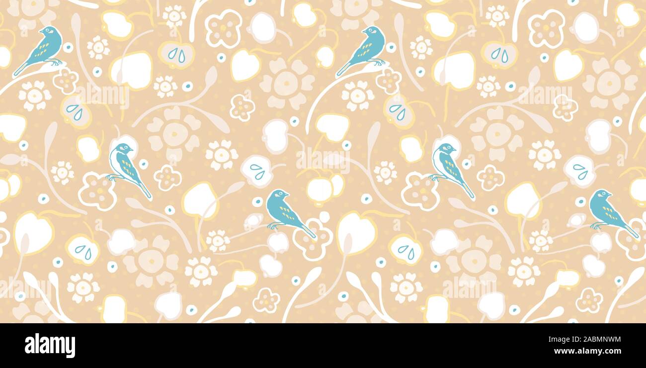 Vintage Apple Tree And Bird On Light Cream Color Dotted Background
