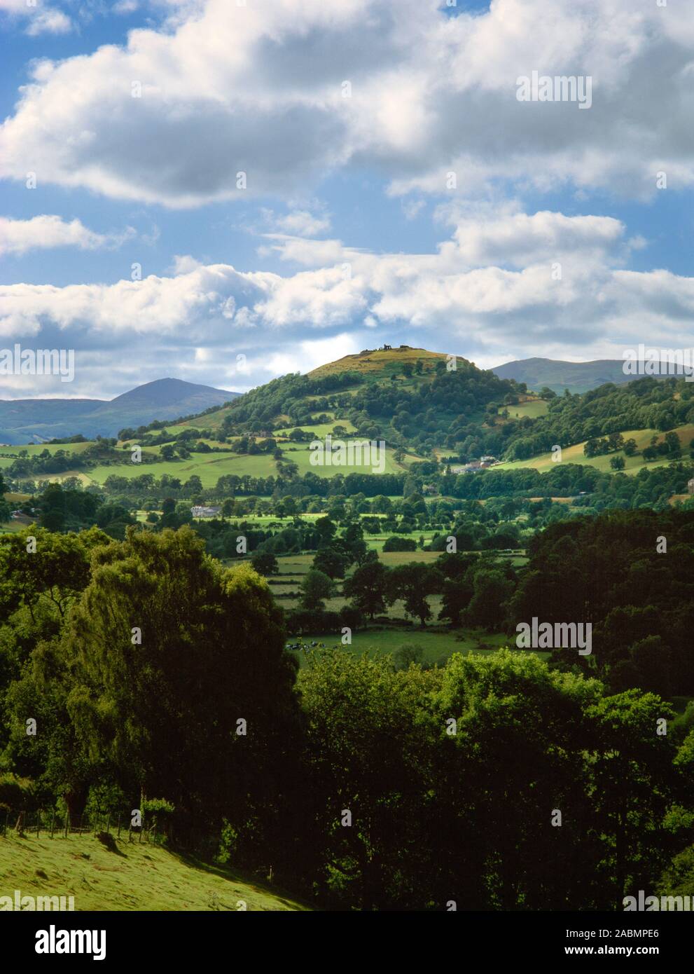 View looking WNW along the Vale of Llangollen/Dee Valley to Castell Dinas Bran Iron Age hillfort & Medieval castle, Denbighshire, Wales, UK. Stock Photo