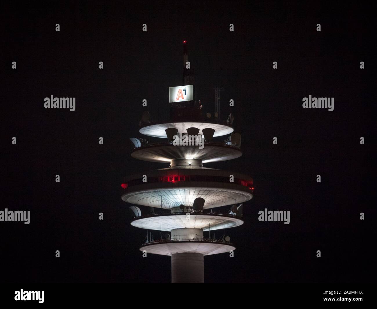 VIENNA, AUSTRIA - NOVEMBER 6, 2019: Top of the Arsenalturm during the evening with logo of A1 Telekom. Also called funkturm wien arsenal, or Arsenal t Stock Photo