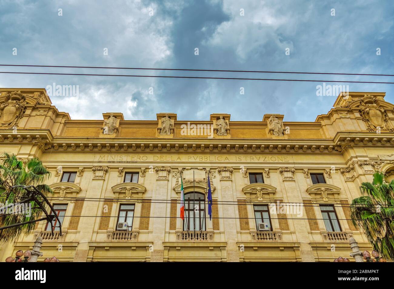 Rome Italian government ministry facade with flags. Ministry of Education, University & Research Ministero dell Istruzione MIUR at Trastevere area. Stock Photo