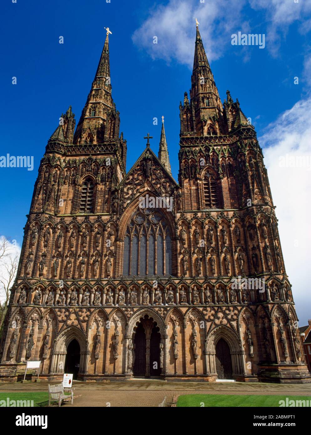 The west front of Lichfield Cathedral, Staffordshire, England, UK, displaying over 100 statues including English kings. The cathedral is mainly C13th. Stock Photo