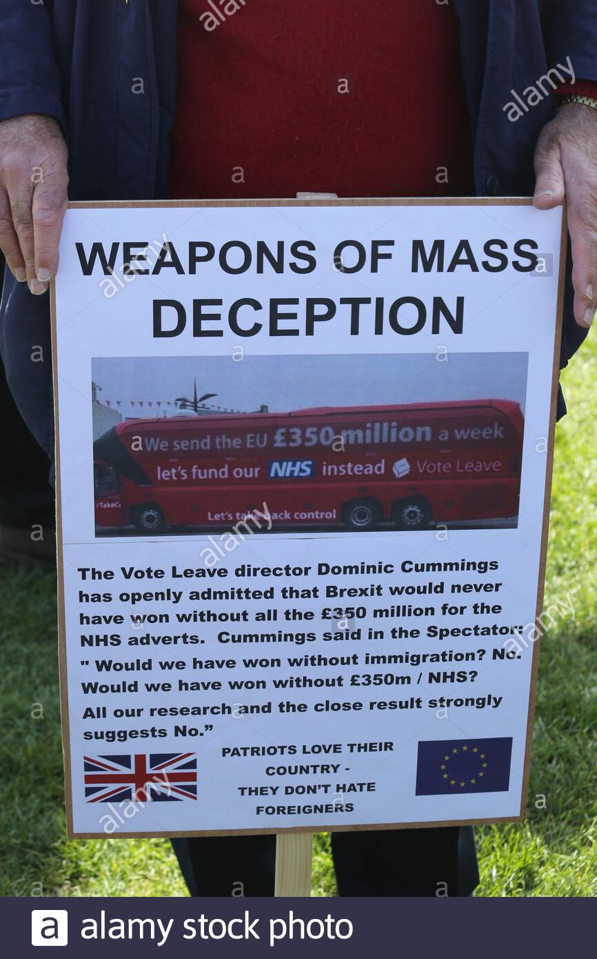 Weapons of mass deception sign at an anti-Brexit rally in London Stock Photo