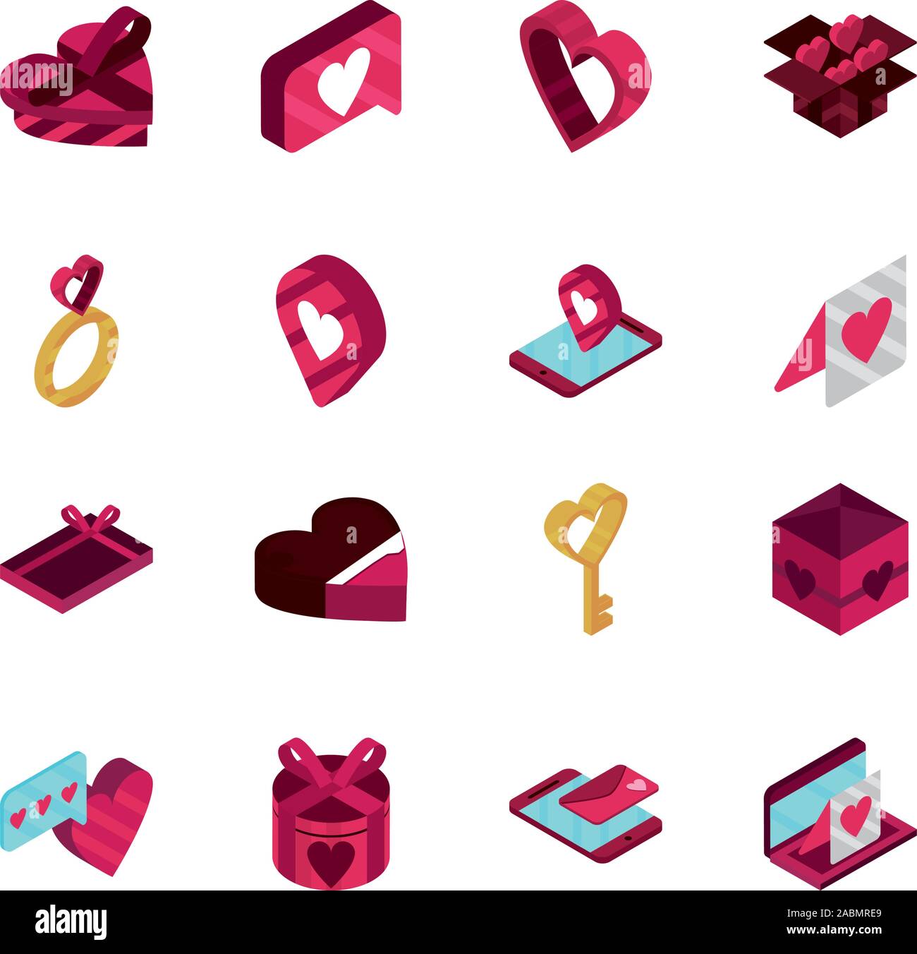happy valentines day romantic isometric icons collection vector ...