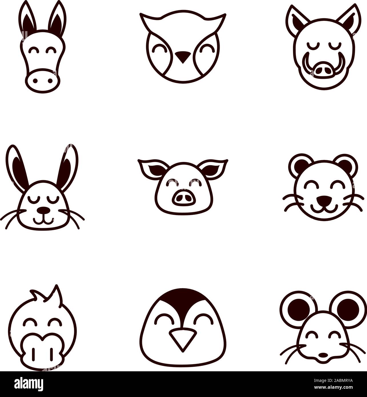 cute face animals cartoon icon on white background thick line Stock ...